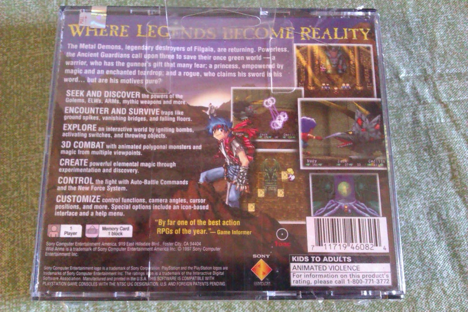 Wild Arms PlayStation game back cover with features and UPC
