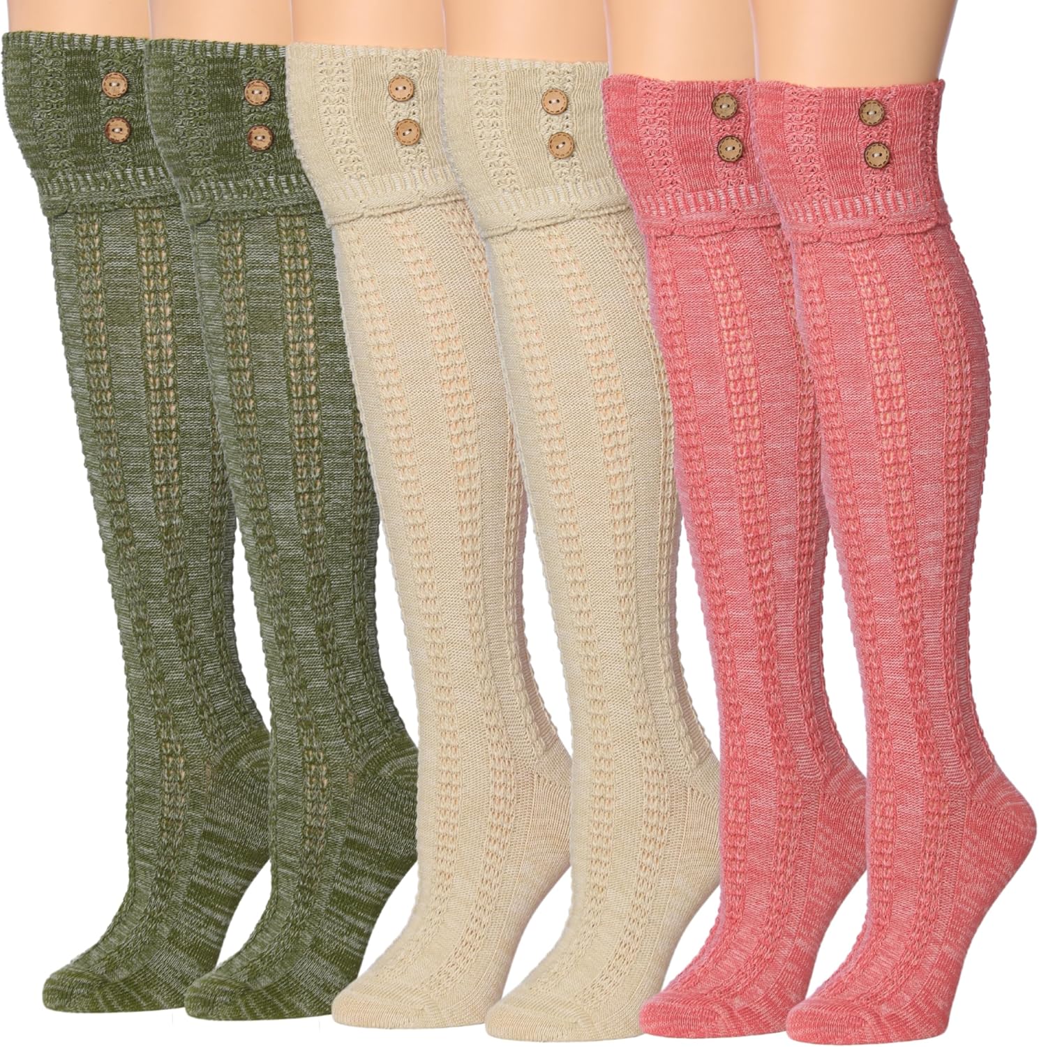 Tipi Toe Women's 3-Pairs Winter Warm Knee High/Over The Knee With Buttons Cotton-Blend Boot Socks