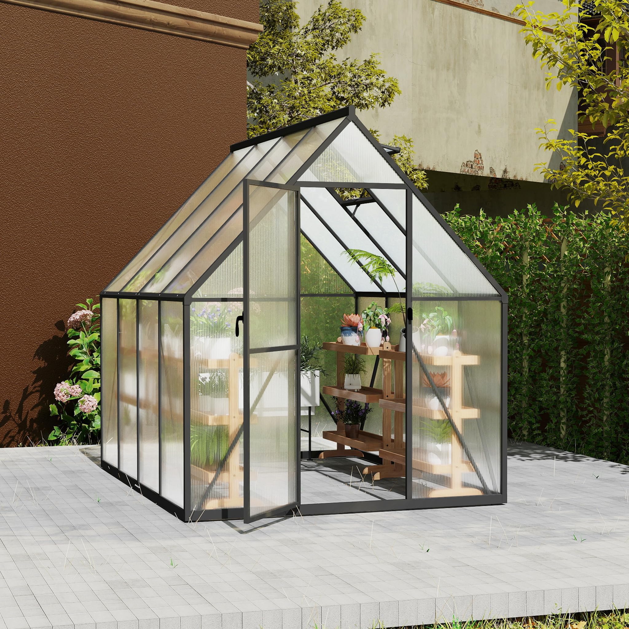 LZQ Gartengewächshaus Aluminium mit Fundament 230x180x195 cm Gewächshaus Pflanzenhaus mit Schiebetür und Dachfenster Treibhaus Gartenhaus Winterfest Aufzucht Tomatenhaus (6x8 ft)