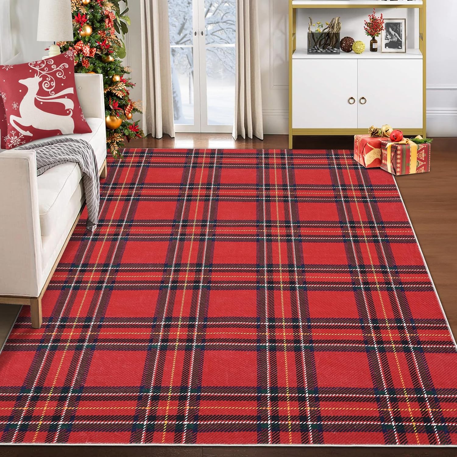8x10 Christmas Area Rug Xmas Buffalo Plaid Machine Washable Carpet Rug Holiday Decorative Gingham Check Floor Cover Non Slip Stain Resistant Accent Rug for Living Room Bedroom Decor, Red Red 8' x 10' (Rectangular)