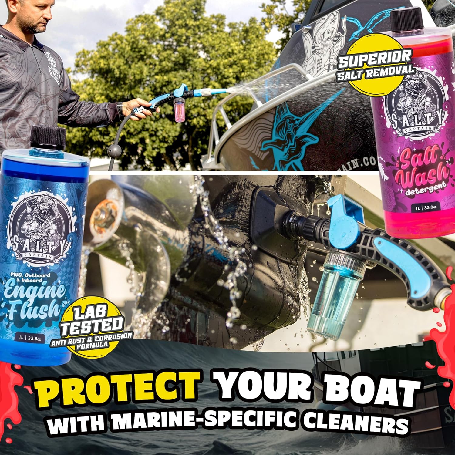 Salty Captain Boat & PWC Mega Cleaning Bucket – All-in-One Boat Wash Kit with Foam Gun, Salt Wash, Engine Flush & Rust Spray – Ultimate Marine Cleaning for Boats, Jet Skis & Watercraft