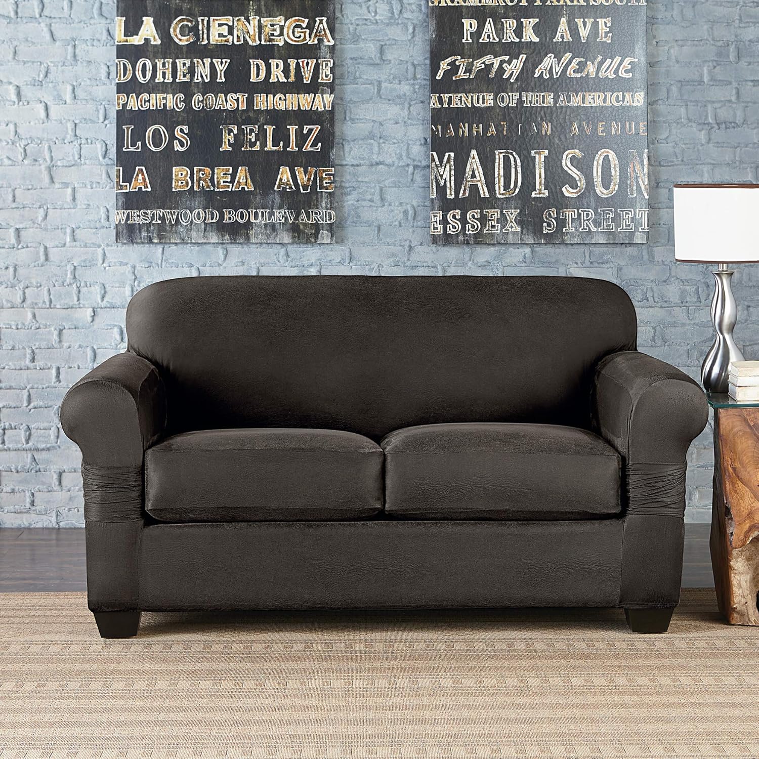 Surefit Home Décor Vintage Leather Universal Cushion Loveseat Three Piece Slipcover, Form Fit, Polyester/Spandex, Machine Washable, Gray, Love : Home & Kitchen