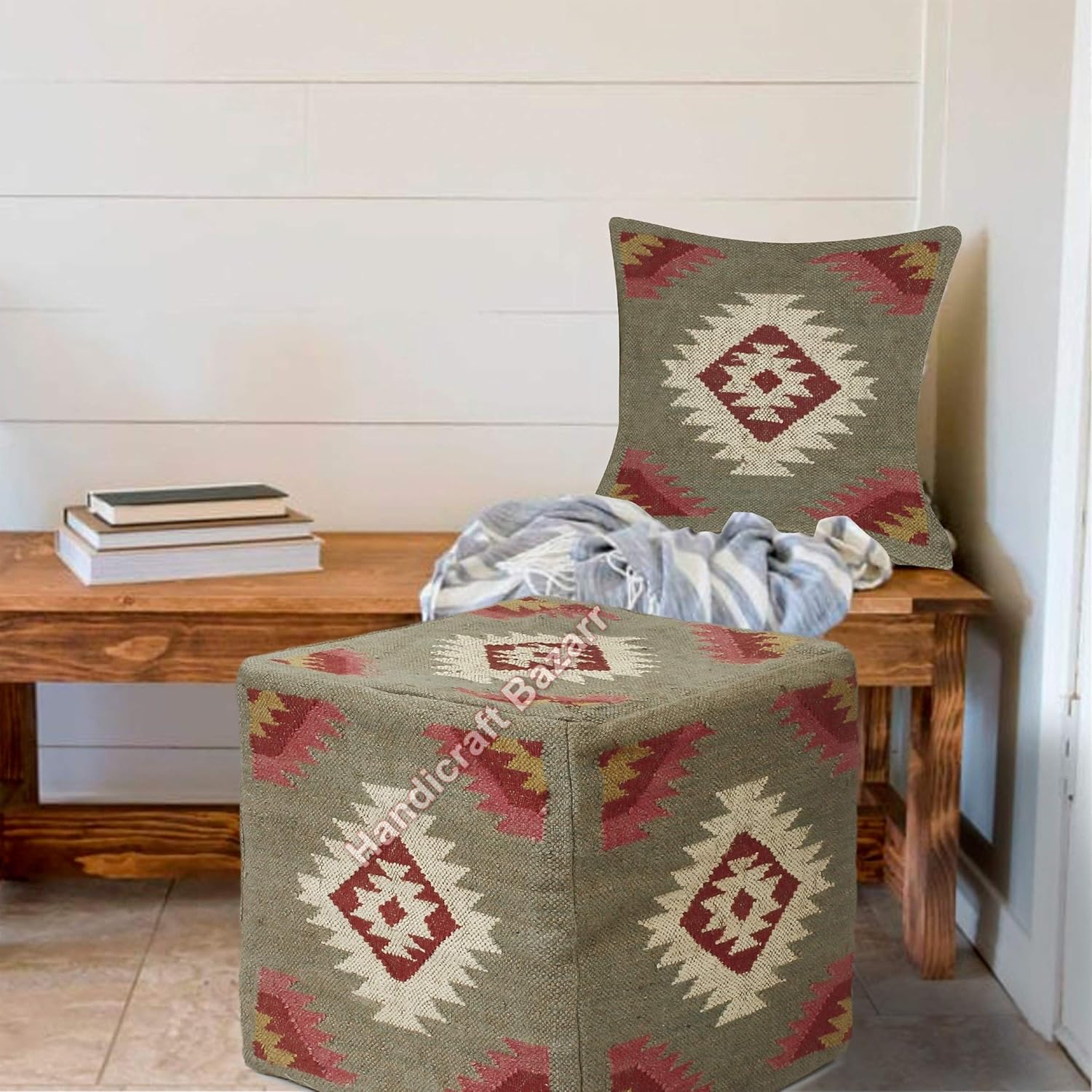Handicraft Bazarr Ethnic Pouf & Wool Jute Pillow Bedroom Pillow