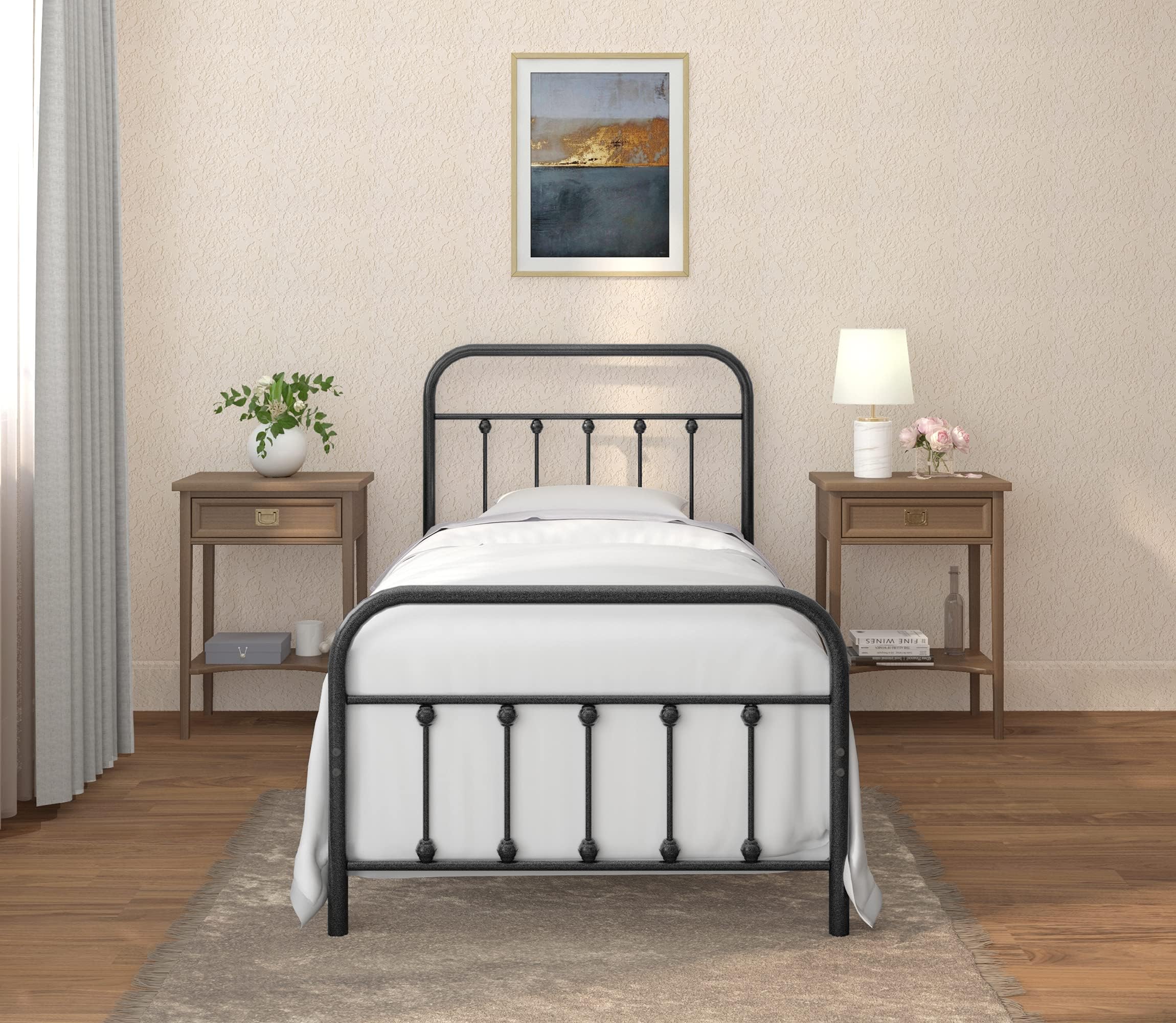Golden Gate Beds Vintage Wrought Iron Bed Frame with Classic Metal Platform Base, Headboard and Footboard, No Box Spring Needed, Easy Assembly, Mattress Base, Noise-Free, Sleek Black Finish, Twin Size