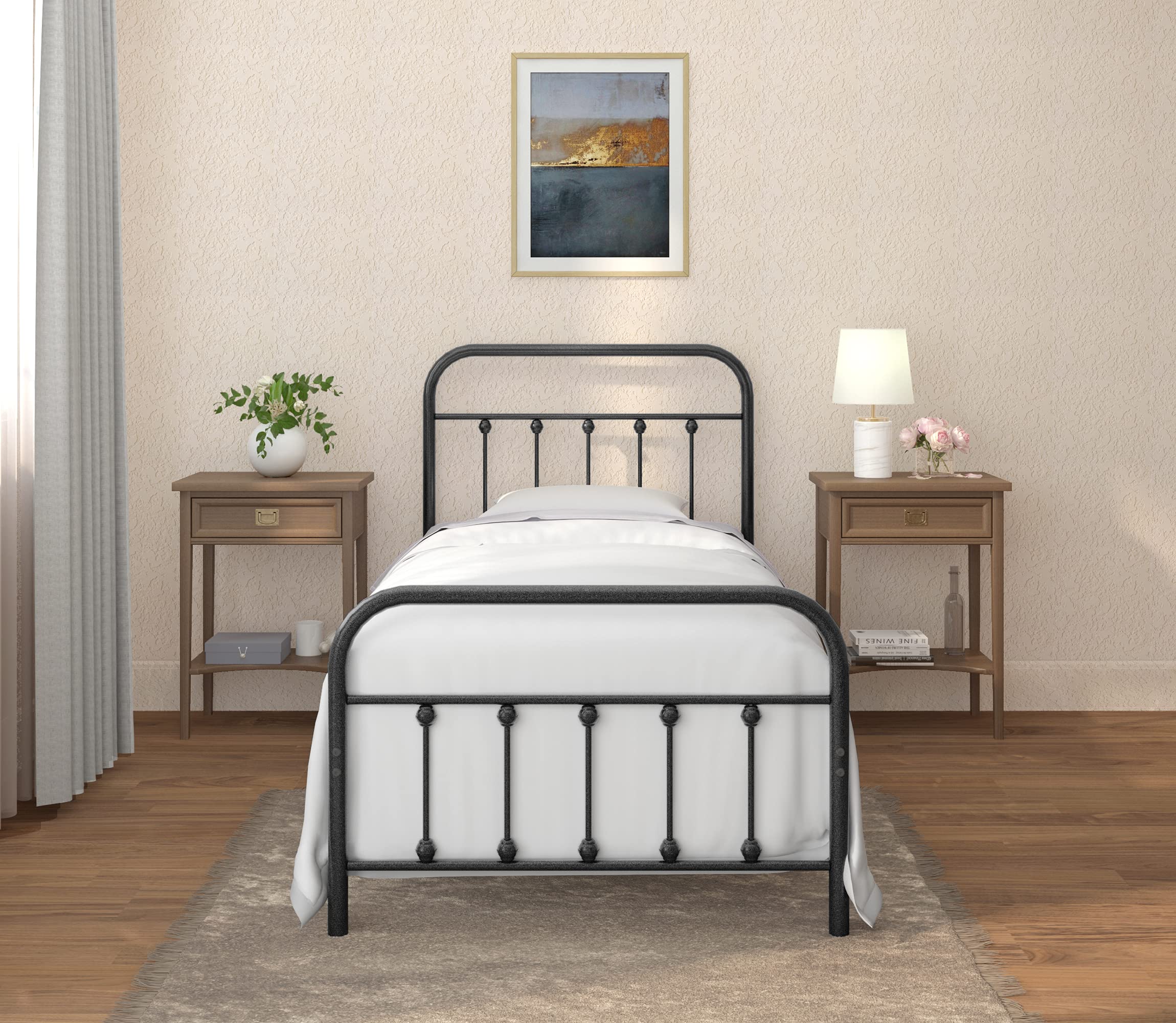 AMBEE21 CastleBeds Vintage Twin Size Black Iron Bed Frame with Headboard Footboard Wrought Rod Art Heavy Duty Steel Metal Platform Foundation Farmhouse Industrial Victorian Style 600 lbs Capacity