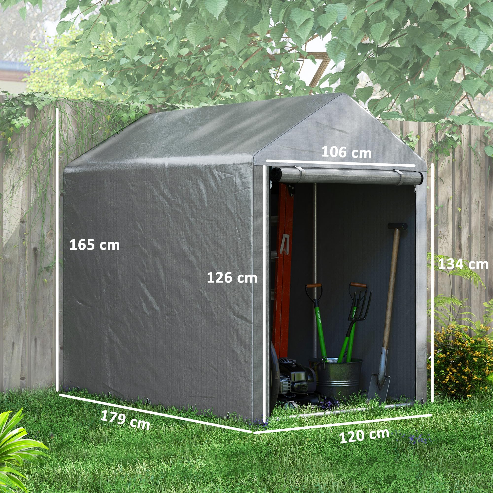 Outsunny Garage Moto extérieur avec entrée zippée, Tente Garage pour vélos et Outils en métal galvanisé et Tissu PE, 120x179x165 cm, Gris Clair