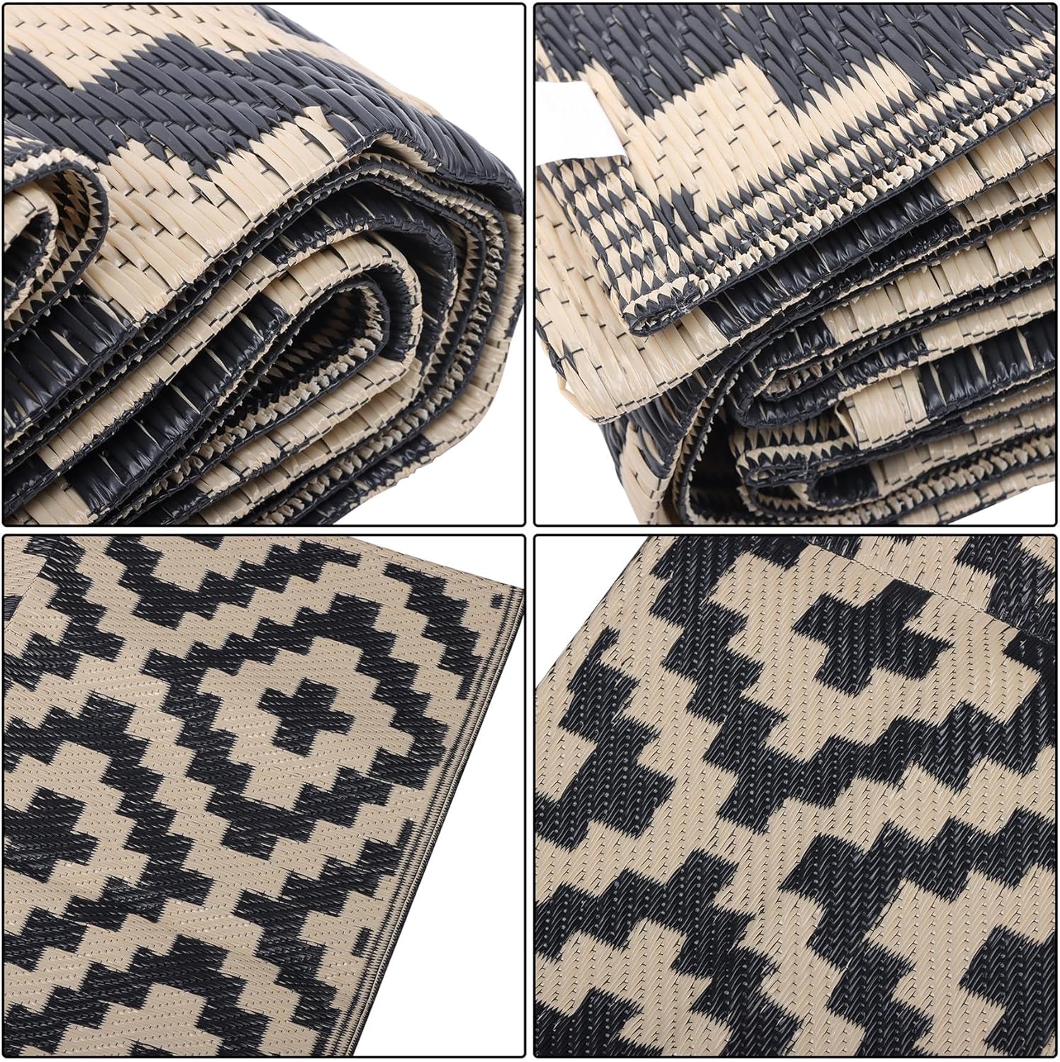 Black Beige Outdoor Carpet, Large Camping Mat, Reversible Plastic Woven Lawn Mats Suitable for Patios, Decks, Benches, Picnics, and Other Outside Spaces