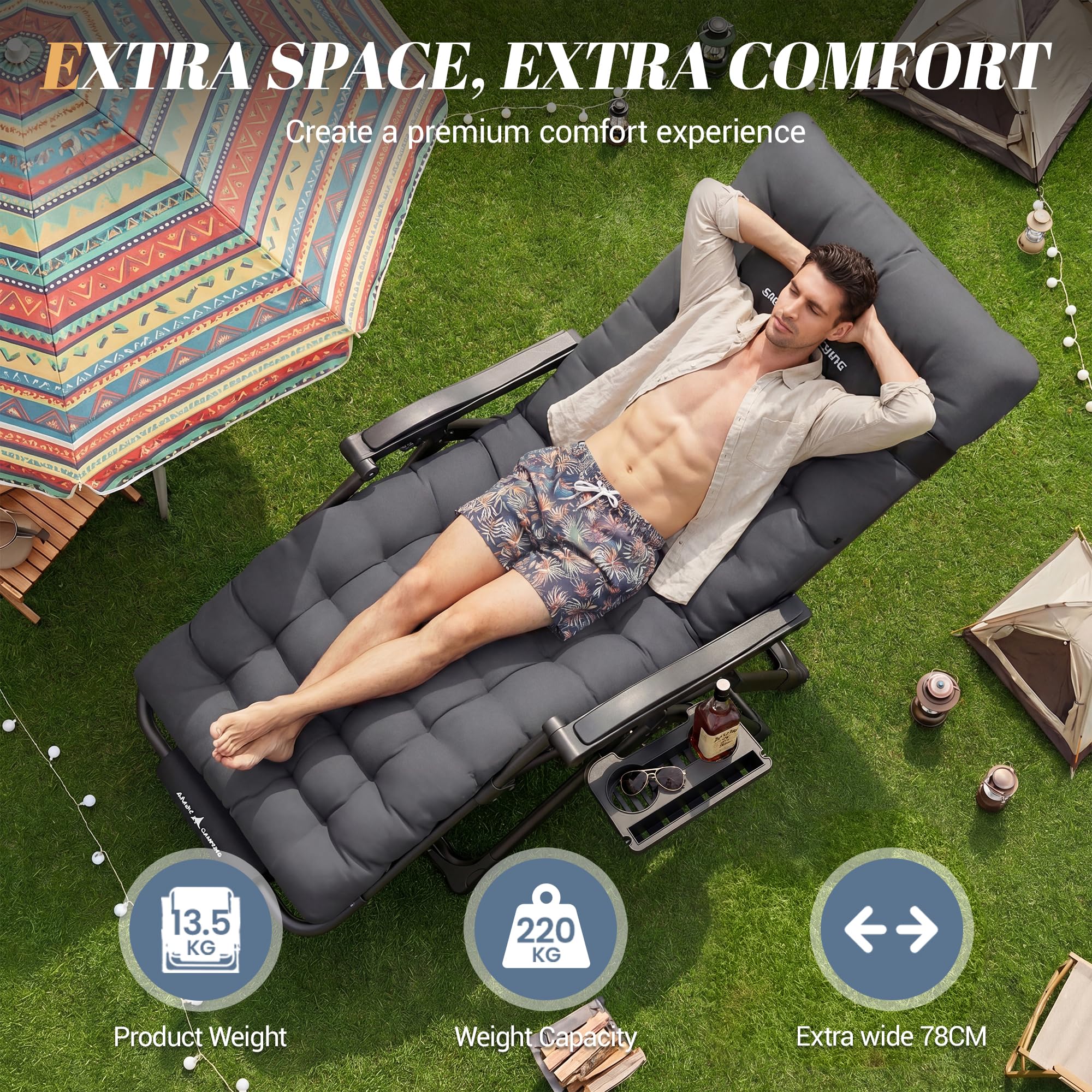 UDPATIO Transat Jardin Extérieur zéro gravité avec Coussin Épais 9 cm, Appui-tête Réglable, Accoudoirs et Porte-gobelet, Bain de Soleil Pliable et Inclinable, 220 kg Capacité, XXL Gris Foncé