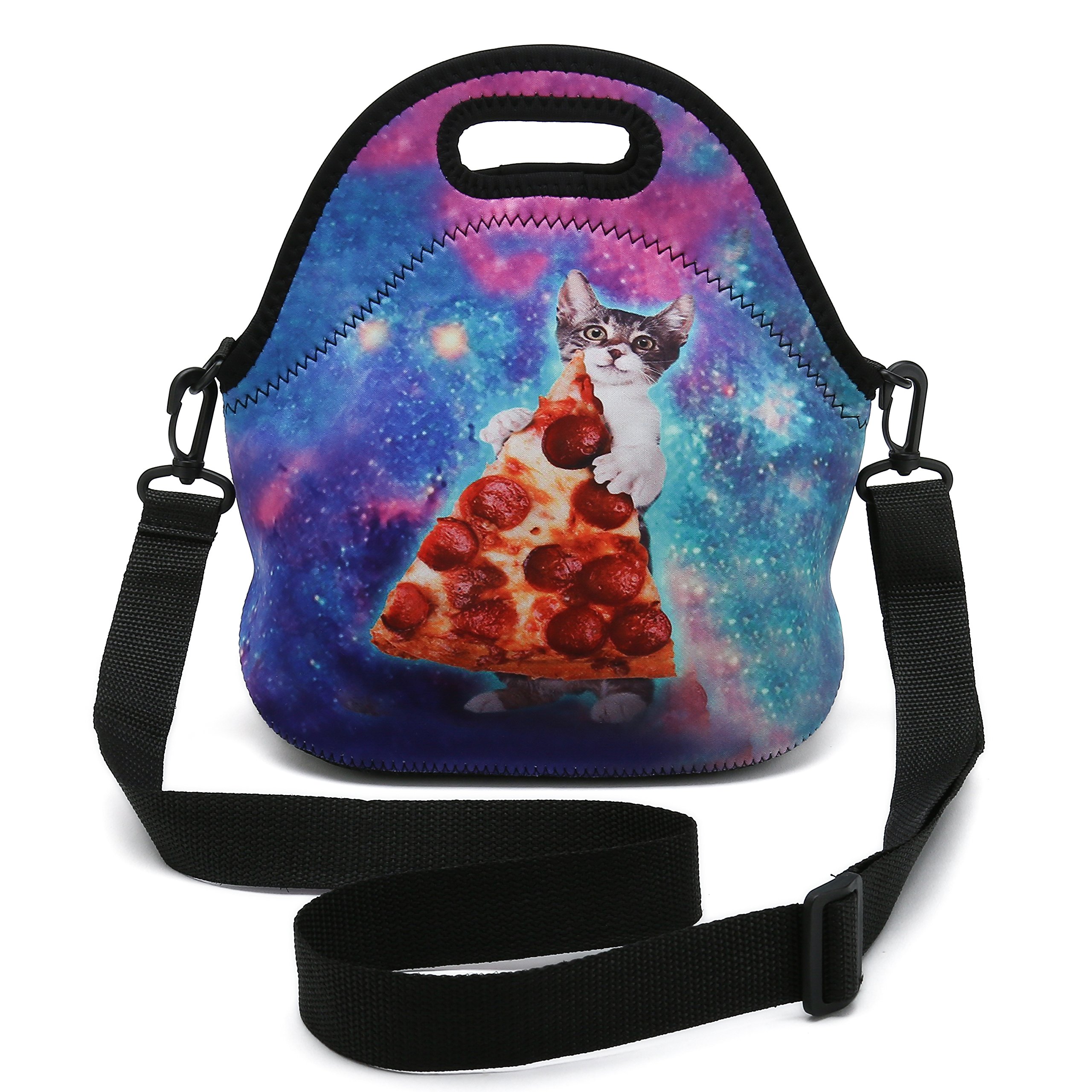 Insulated Neoprene Lunch Bag Removable Shoulder Strap Reusable Thermal Thick Lunch Tote Bags For Women,Teens,Girls,Kids,Baby,Adults-Lunch Boxes For Outdoors,Work,Office,School (Cat Take Pizza)