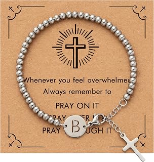 Initial Cross Silver Bracelets for Women Trendy, Initials Cross Charm Beaded Bracelet, Christian Gifts for Women, Baptism Confirmation Christmas Inspirational Gifts for Mom Daughter Friend Sister