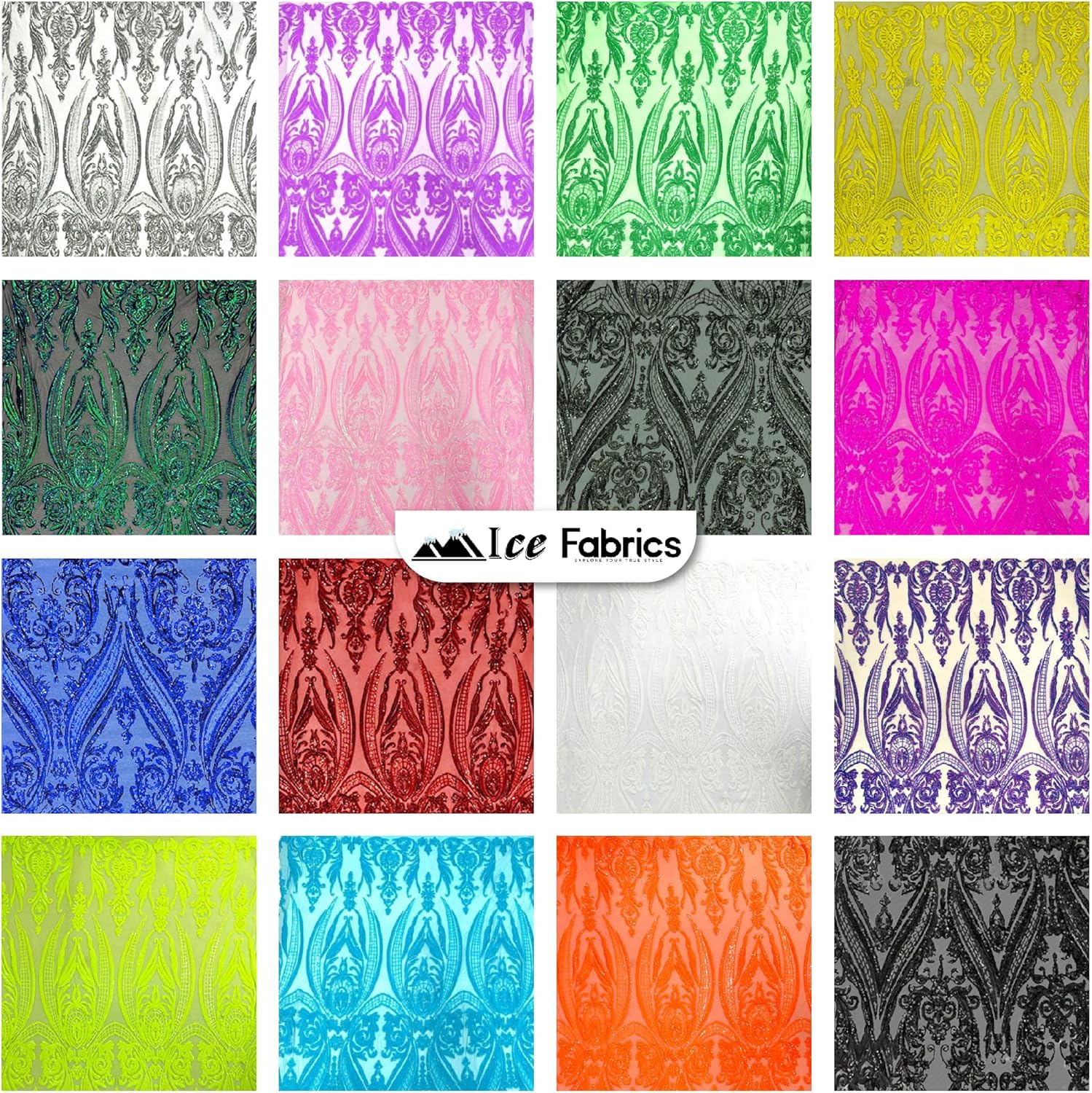 Ice Fabrics Damask Sequin lace Fabric by the Yard - Sequin Embroidery Design Fabric for Prom Dress, Wedding Gown, Costumes