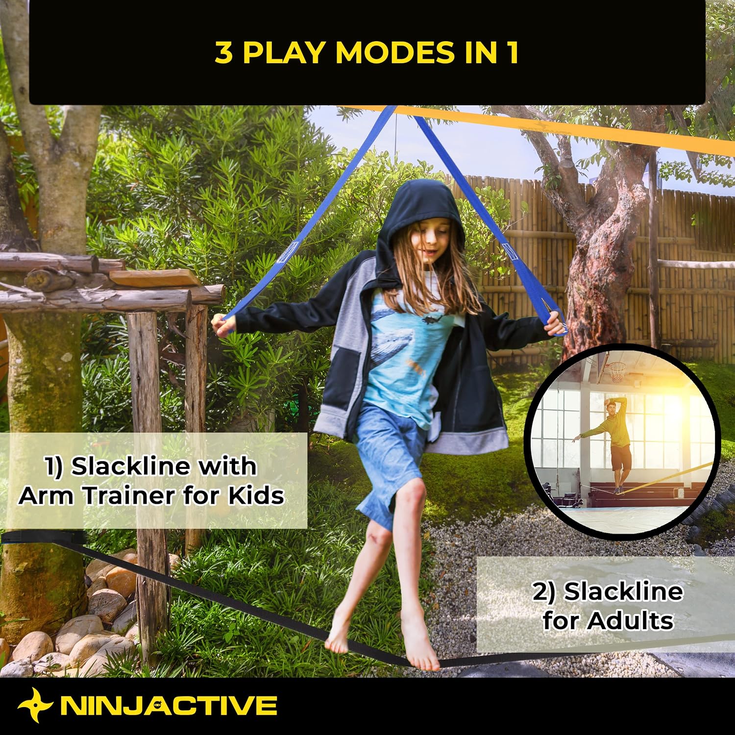 Suреr Sаlе 🛒 NINJACTIVE Ninja Obstacle Course for Kids with 3 Play Modes, 2 Slack Lines - 2x50’ Weatherproof Slackline Warrior Course with 11 Attachments Like Ladder, Arm Trainer, 360-degree Spinning Wheel Bеѕt Rеvіеw NINJACTIVE Ninja Obstacle Course for Kids with 3 Play Modes, 2 Slack Lines - 2x50’ Weatherproof Slackline Warrior Course with 11 Attachments Like Ladder, Arm Trainer, 360-degree Spinning Wheel