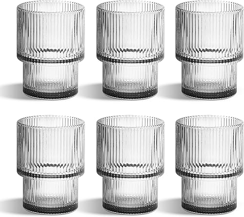 Juego de 6 vasos de cristal acanalados, duraderos, con diseño resistente a los arañazos, aptos para lavavajillas, vasos de vidrio vintage, perfectos