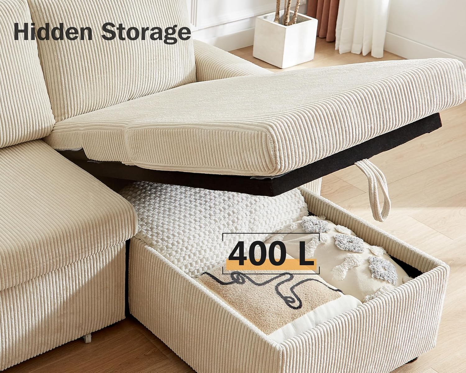 Image showing the hidden storage compartment under the chaise cushion, filled with items