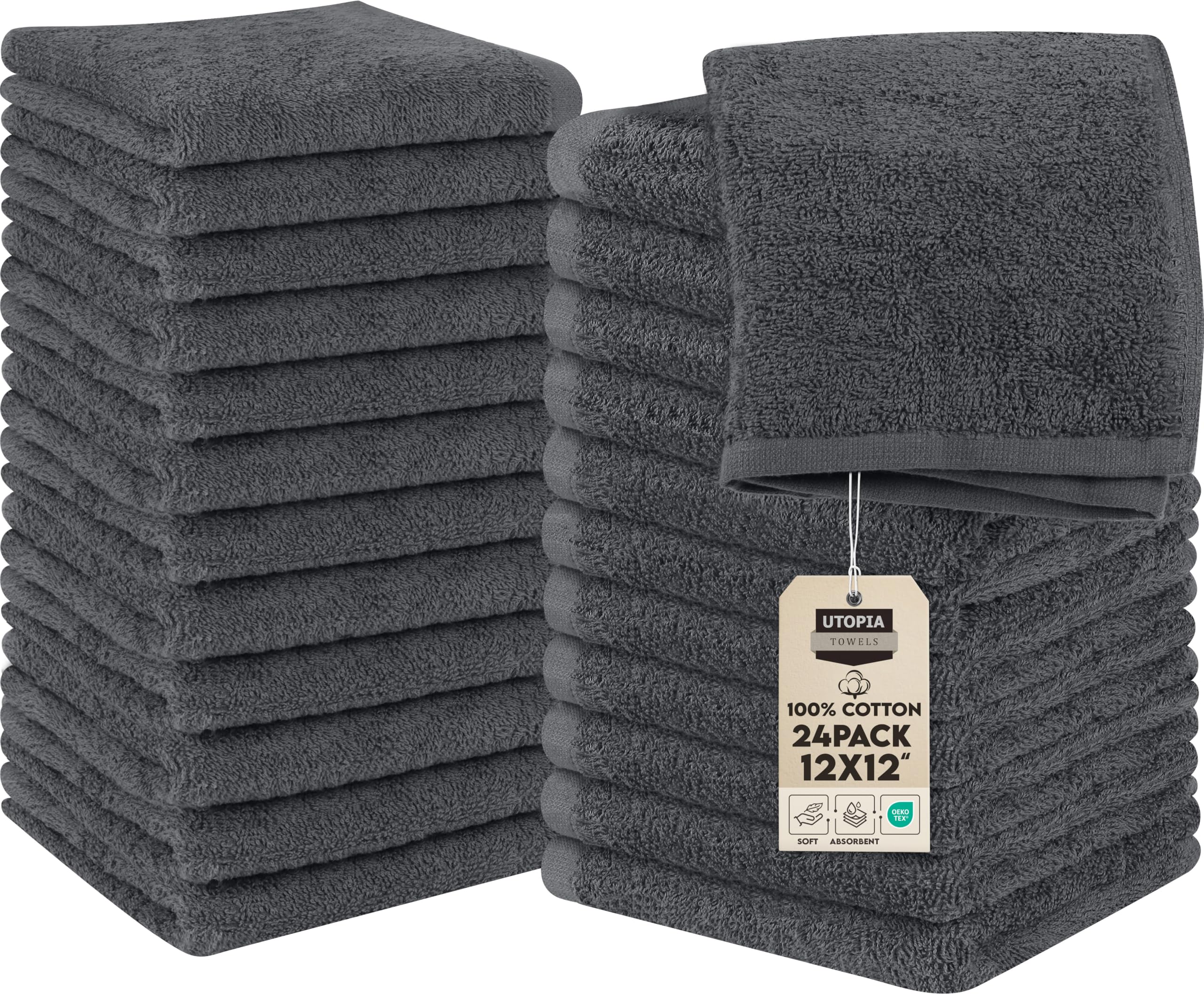 Utopia Towels Cotton Gray Washcloths Set - Pack of 24 - 100% Ring Spun Cotton, Flannel Face Cloths, Highly Absorbent and Soft Feel Fingertip Towels