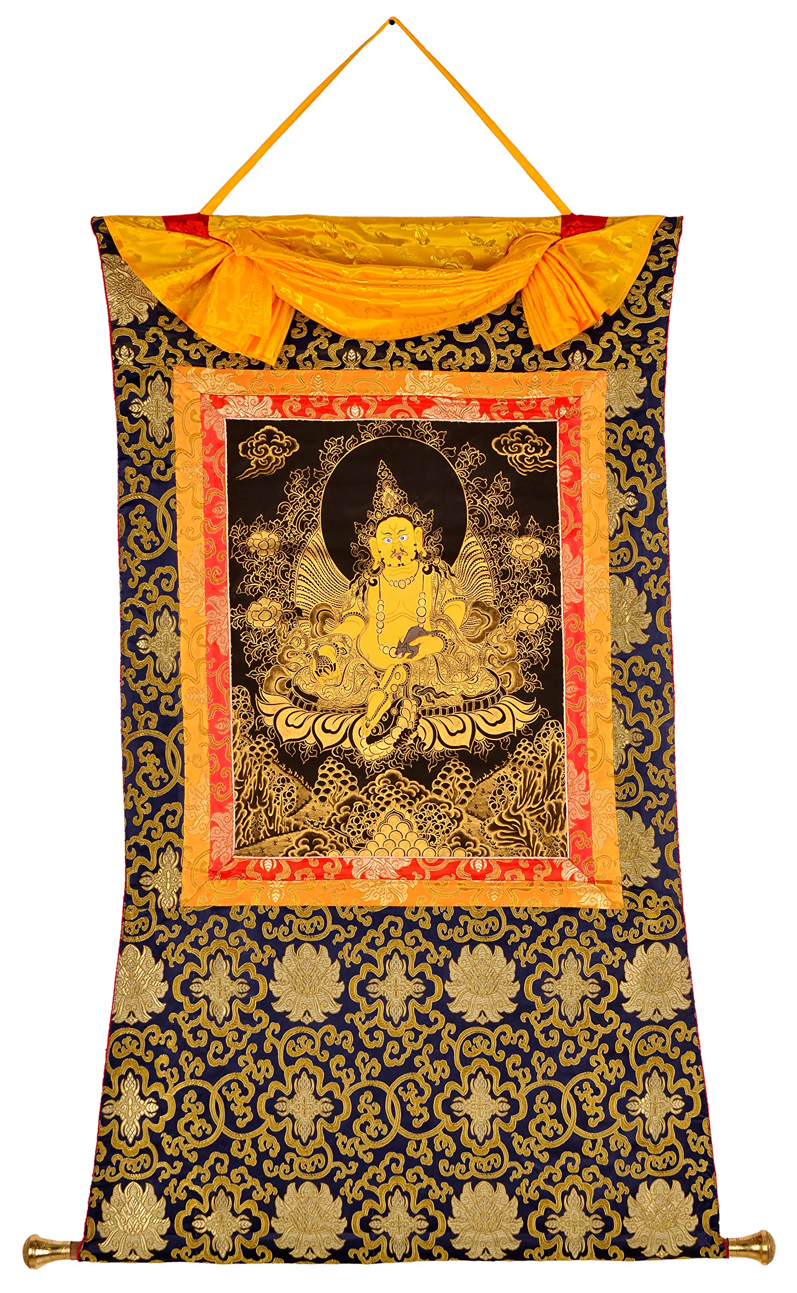 Thangka Jambhala - Kubera golden 78 cm x 106 cm handbemalt im original tibetischen Brokatrahmen