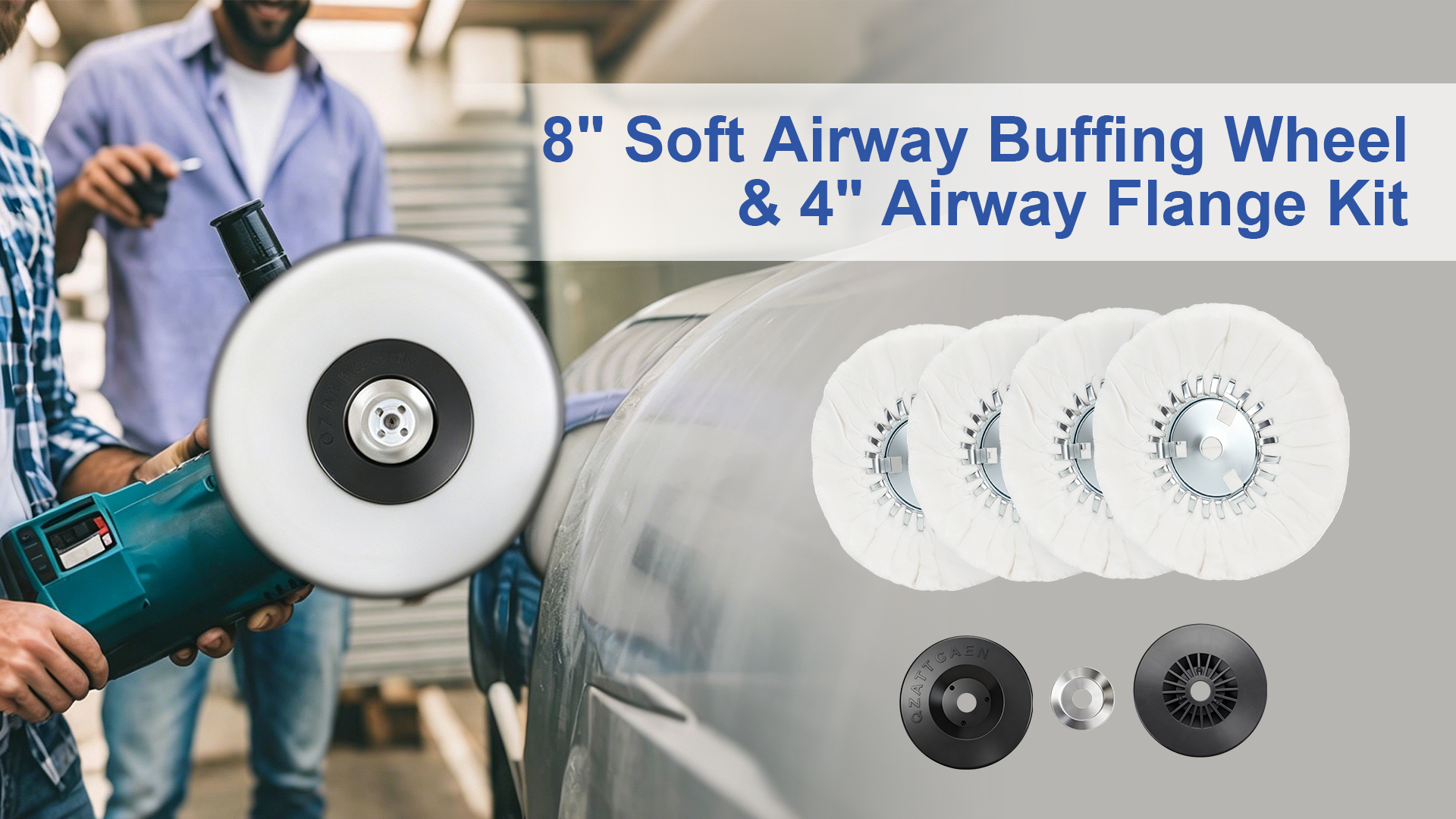 Image of 8 inch Soft Airway Buffing Wheel White Flannel and 4 Inch Airway Flange Kit / 5 /8'' Arbor Hole /Finish Polish Step for Angle Grinder - 5 PCS