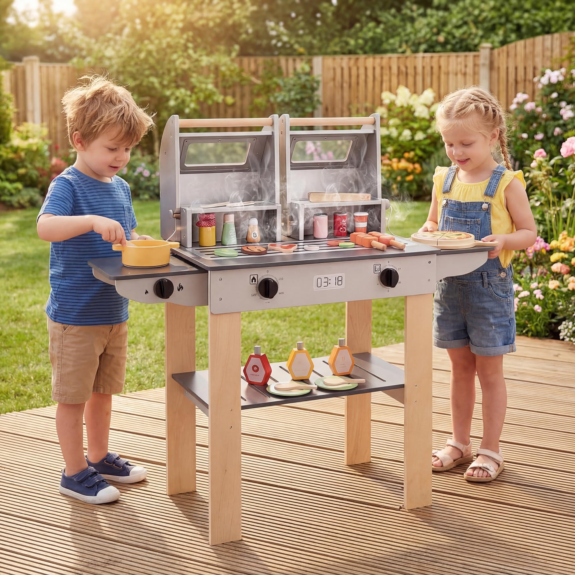 HOMASIS Cusine Enfants, Jouet BBQ Grill Barbecue en Bois avec 2 Grilles et Couvercles à Loquet, Fenêtres Transparentes, Boutons Rotatifs, Accessoires&Rangement, Jouet d’Imitation pour Enfants 3 Ans+