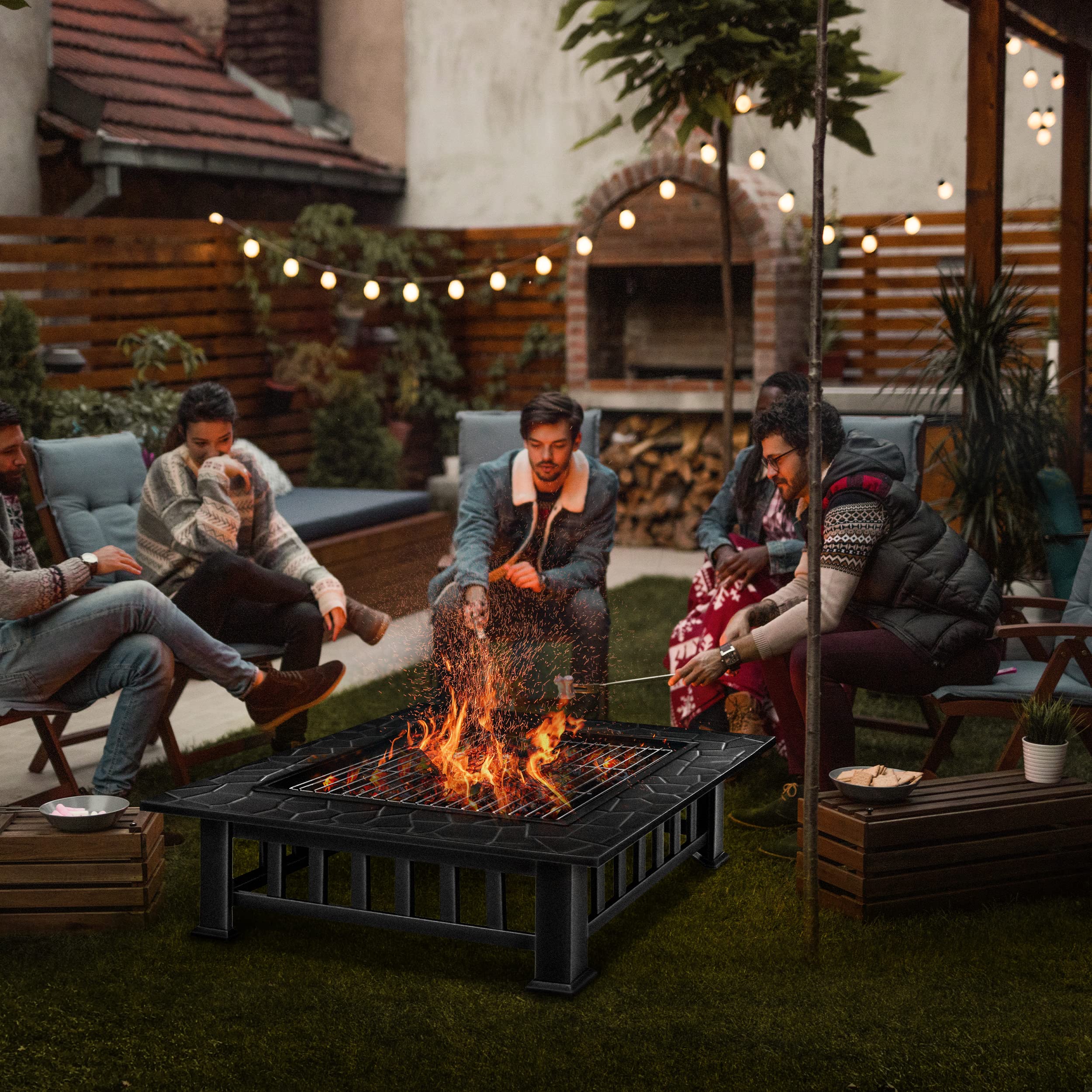 Tillvex Brasero Extérieur BBQ Jardin Terrasse Chauffage Gril Charbon Couvercle Feu Barbecue Tisonnier