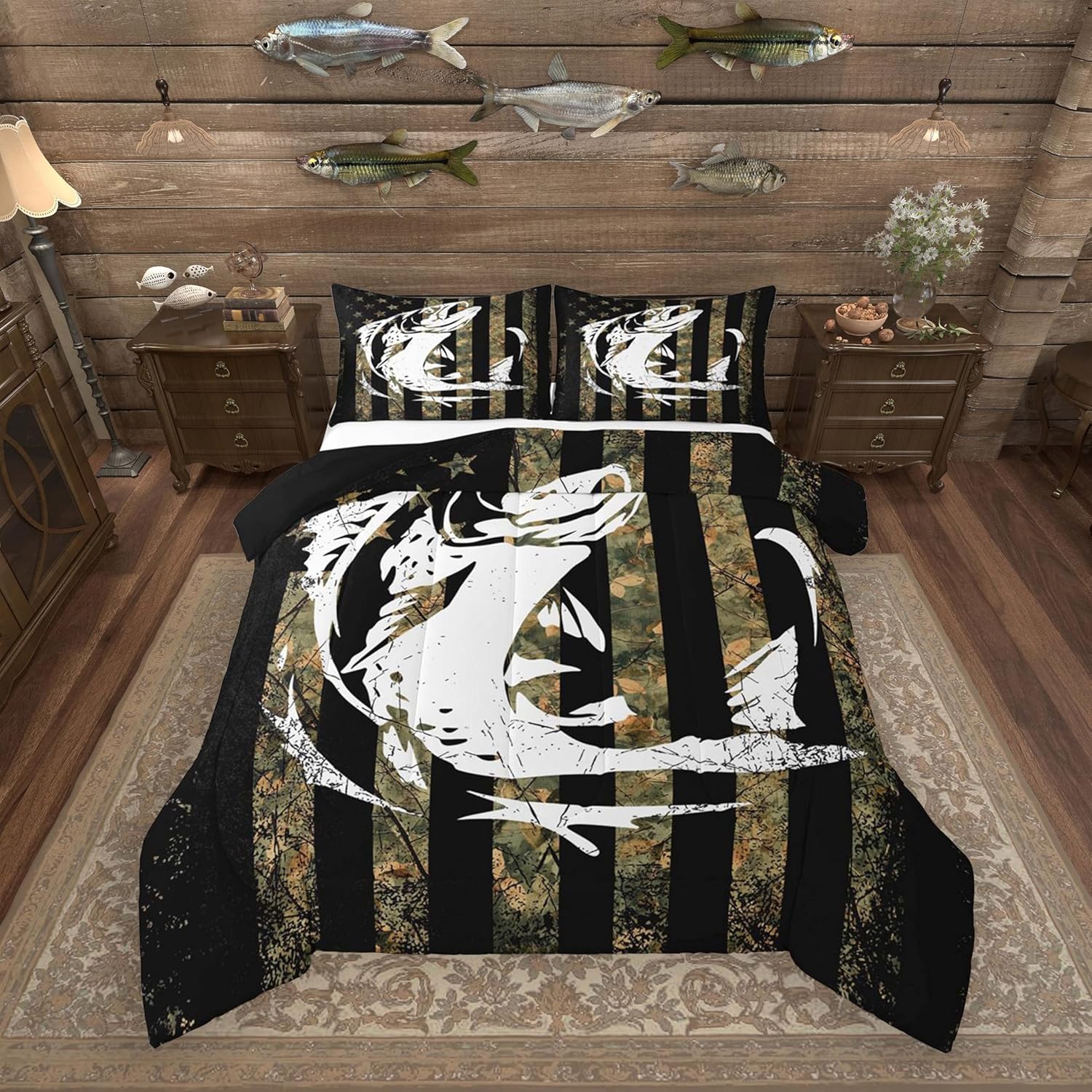 Feelyou Fishing Bedding Set Soft for Boys Girls, Rustic Lakehouse Farm Comforter Set Twin Size Cabin Country Duvet Quilt Microfiber Bedroom Decor 2 Pcs with 1 Pillow Cases