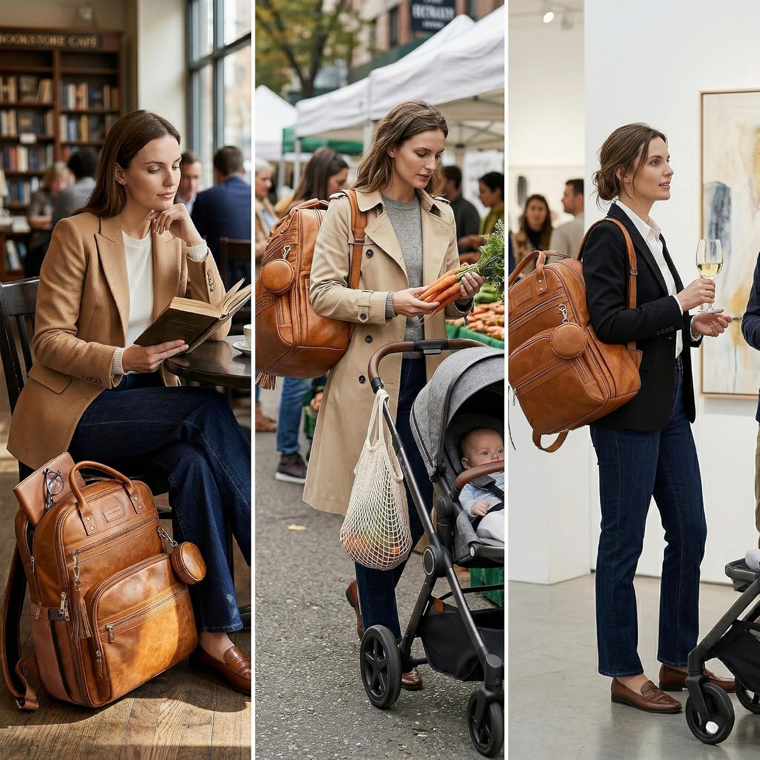 ROSEGIN Premium Vegan Leather Diaper Bag Backpack with Waterproof Changing Pad, Reinforced Zippers & Odor-Free, 20 Pockets Pro Organizer, Fits 15.6″ Laptop, Stroller Straps, Baby Bag for Mom, Brown