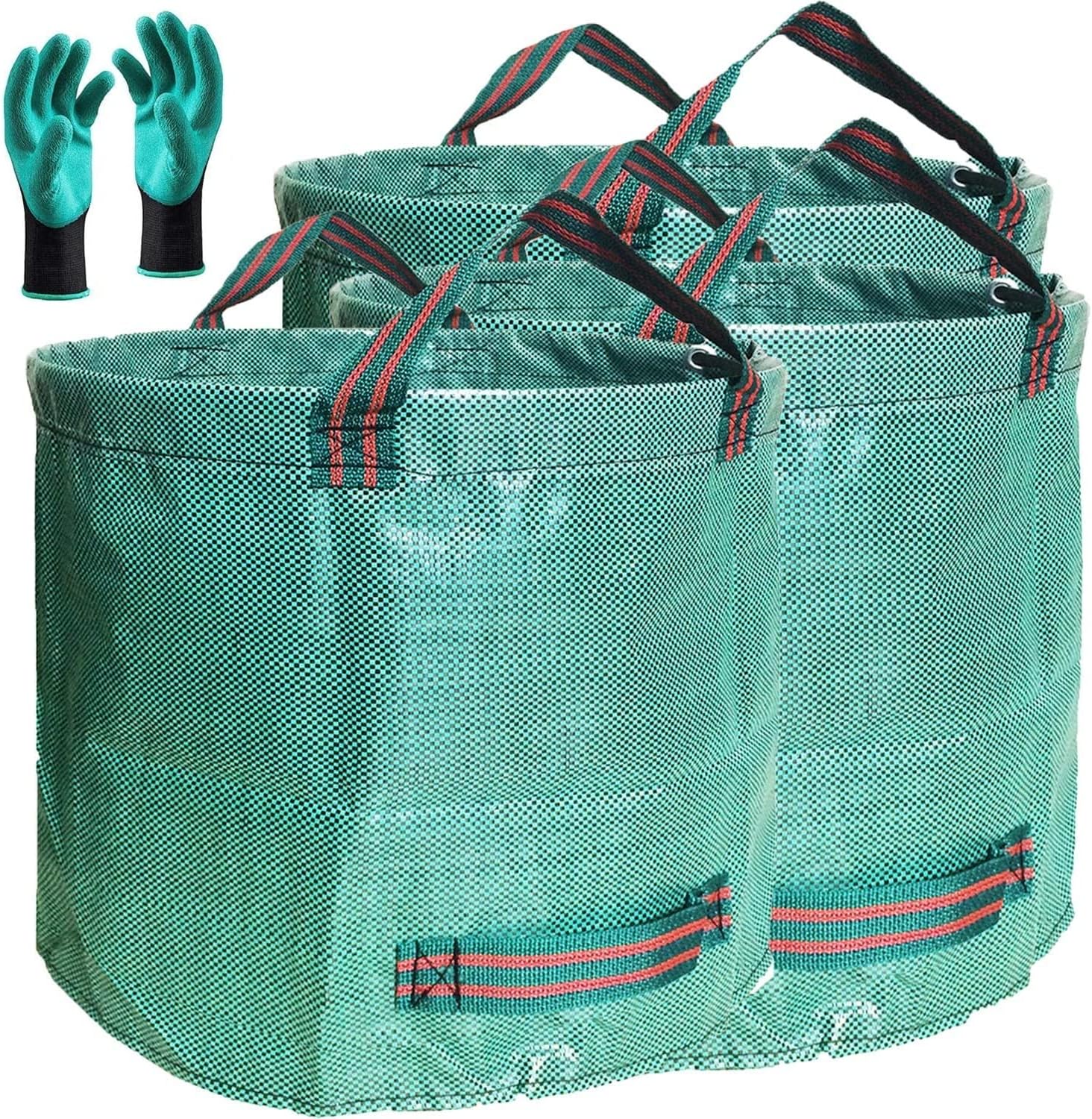 Professional 3-Pack 80 Gallons Lawn and Yard Garden Leaf trash Bag with Coated Gardening Gloves - XXXX Large Reuseable Heavy Duty Gardening Bags Lawn Pool Bags Garden Leaf Waste Bags - with 4 Handles