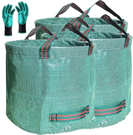 Professional 3-Pack 80 Gallons Lawn and Yard Garden Leaf trash Bag with Coated Gardening Gloves - XXXX Large Reuseable Heavy Duty Gardening Bags Lawn Pool Bags Garden Leaf Waste Bags - with 4 Handles