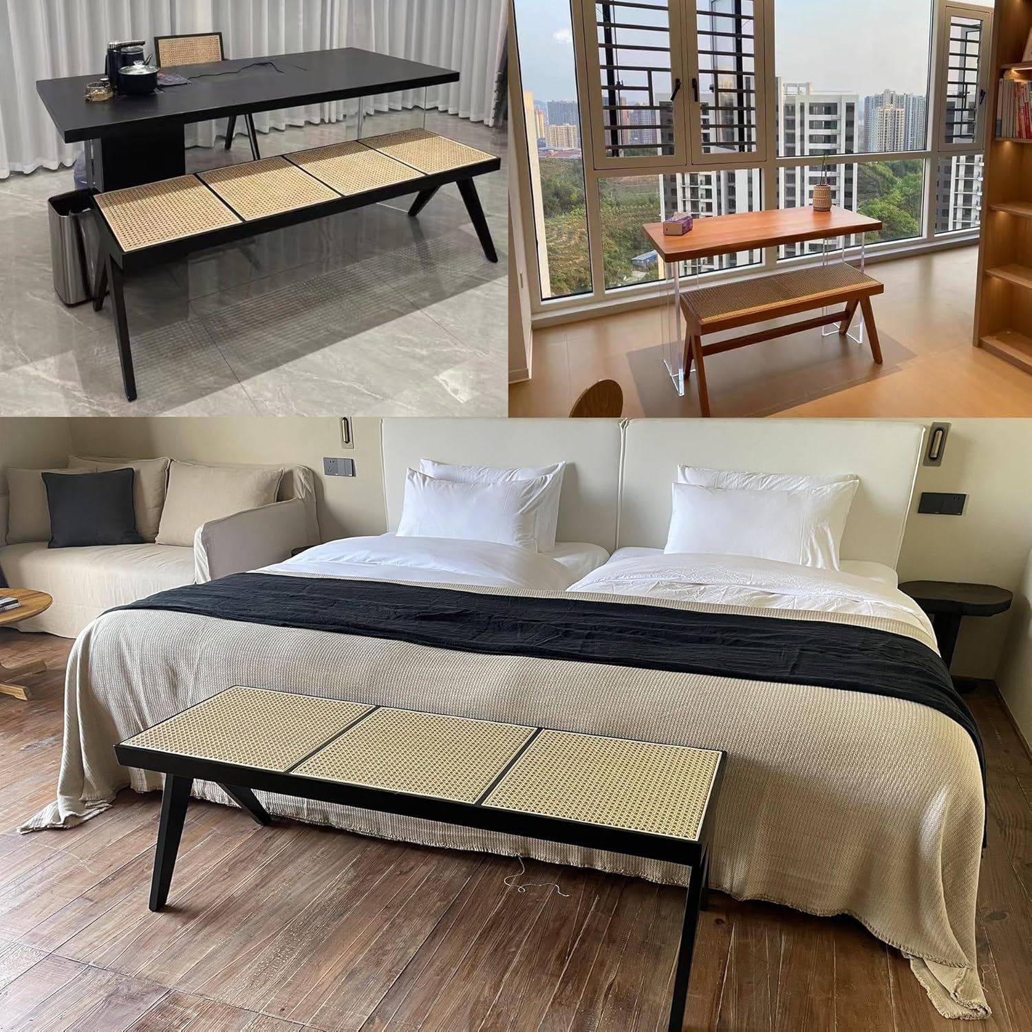 Dining Room Bench,Shoe Rack Bench Seat,Small Entryway Stool,Farmhouse Bench with Rattan Woven Top,Mid Century Modern End of Bed Bench,Solid Wood Benches for Living Room,Kitchen,Entry Way,Hallway(Black