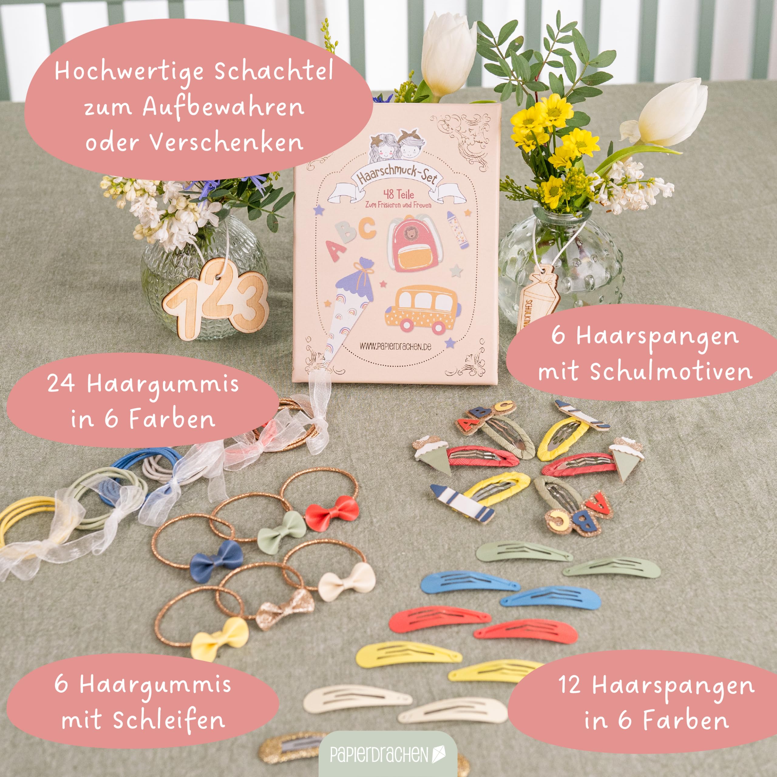 Papierdrachen Hair Accessories Set, Perfect for Starting School, 48 Hair Clips and Hair Bobbles in Many Colours - Image 3