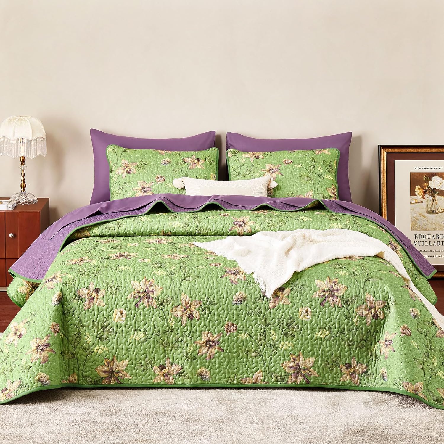 Wake In Cloud - Floral Quilt Set, Botanical Vintage Flower Shabby Chic Cottagecore for Women Teen Girls, Reversible Lightweight Bedspread Coverlet, 3 Pieces, Green Purple, Queen/Full Size