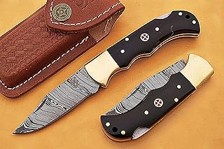 Smart & Sharp Custom Handmade Damascus Steel Folding Knife / Pocket Knife SS-17368 (Black Horn)
