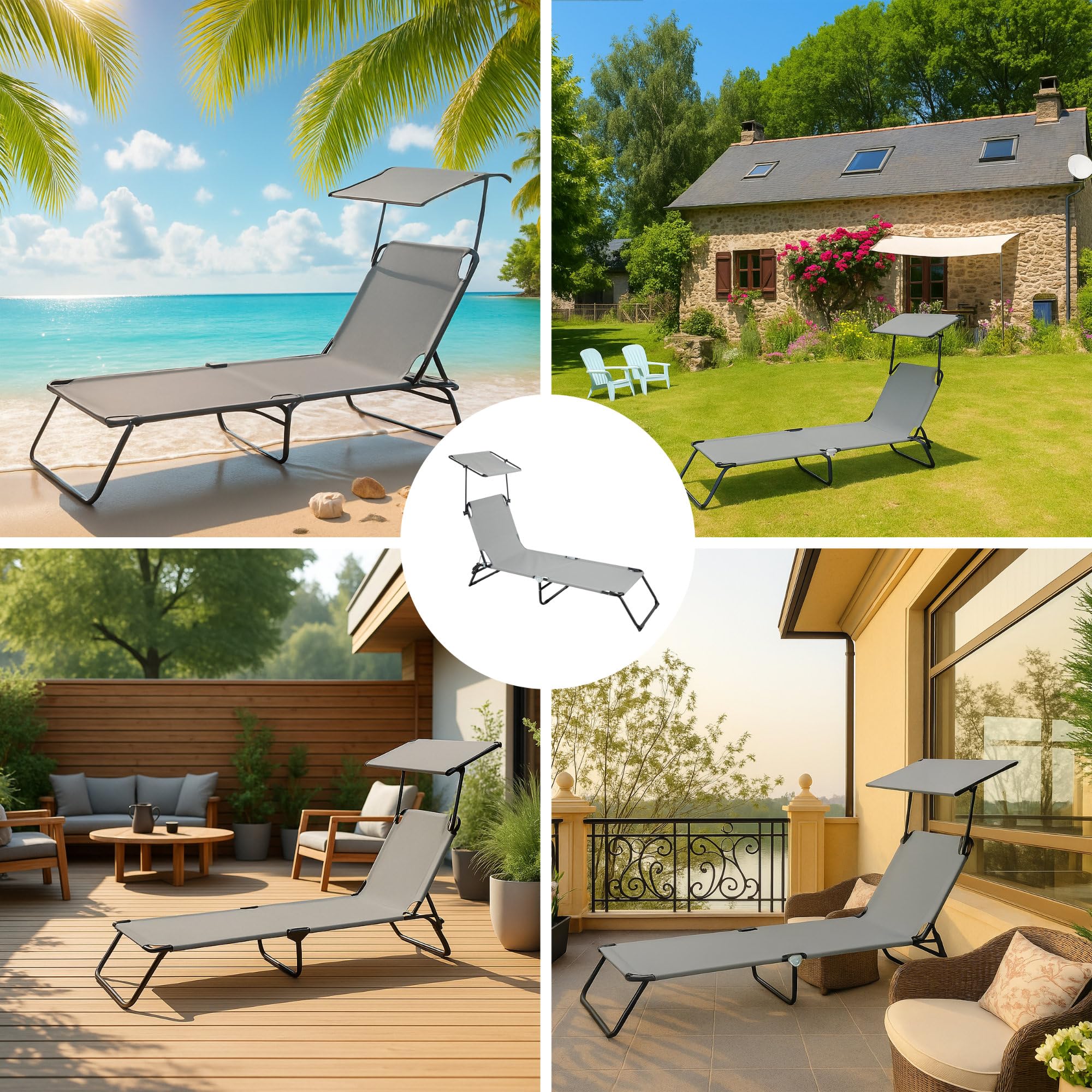 Stagecaptain CS-190 Sonnenliege klappbar mit Dach 2X Set – Gartenliege 190cm - Verstellbare Rückenlehne & Sonnendach - Wetterfest & faltbar für Garten, Balkon, Terrasse, Strand, Camping - Schwarz-Grau