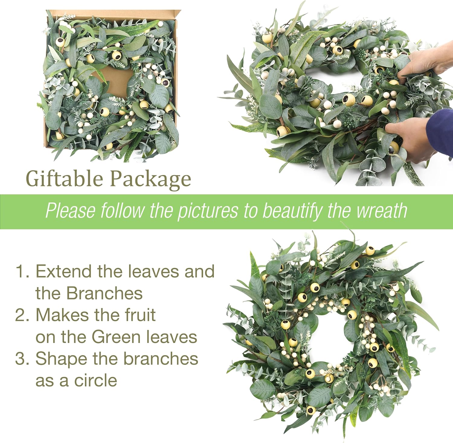 Wreaths for Front Door 22 Inch, All Season Greenery Wreath Olive Eucalyptus Leaves and White Mixed Berry for Indoor Outdoor Farmhouse Home Porch Wall Window Festival Wedding Decor - Image 7