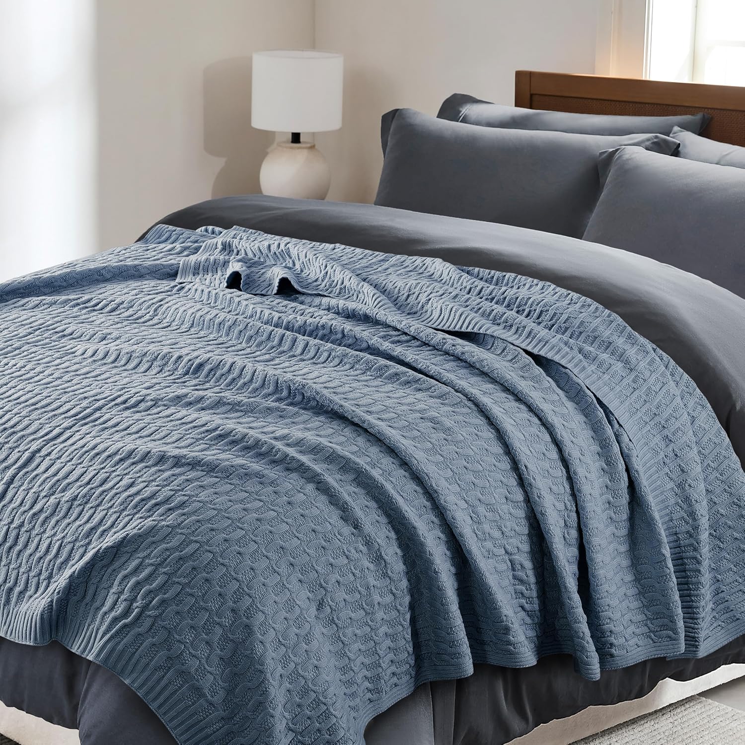 WDCOZY Cable Knit Throw Blanket – Super Soft, Warm & Lightweight Knitted Jacquard Throw Blanket for Couch, Sofa, Bed, Chair, Cozy Texture Farmhouse Decorative Home Blanket, Blue 50x60 inches - Image 8