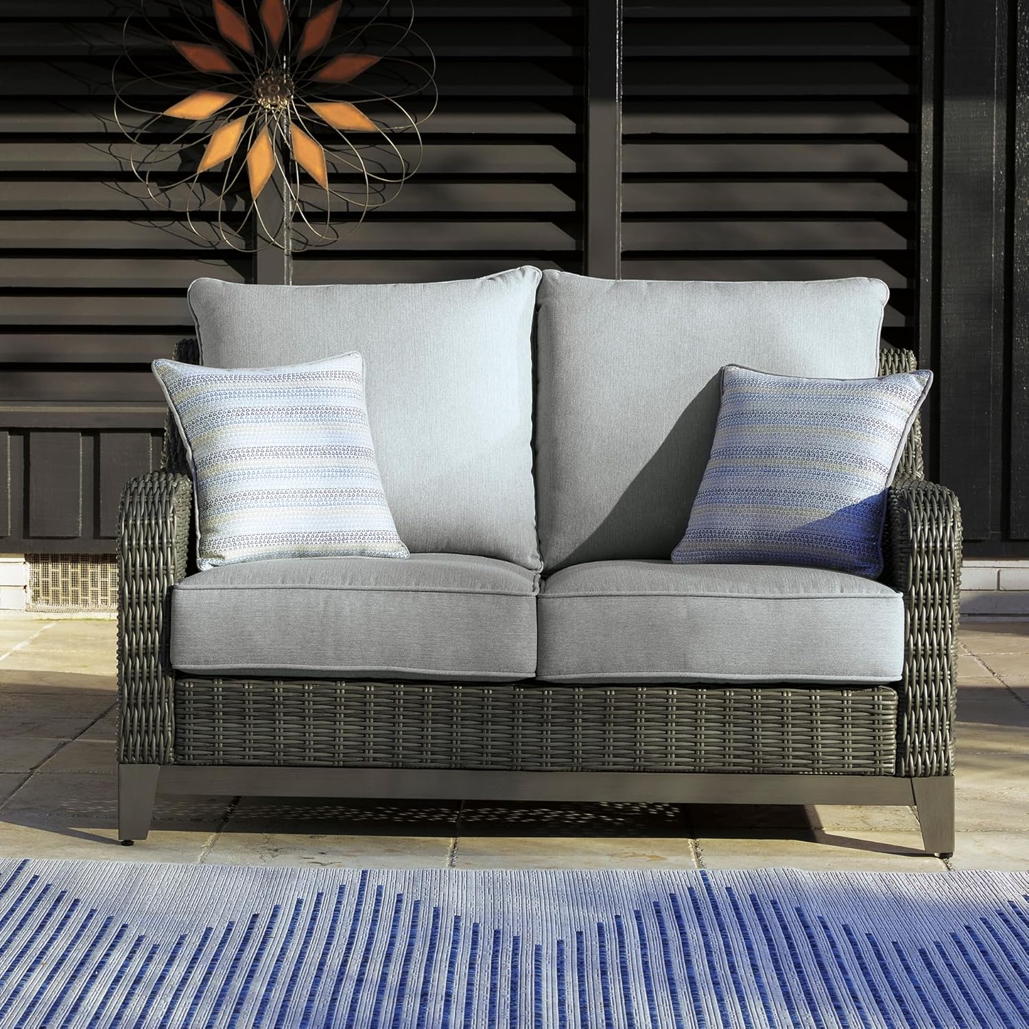 Signature Design by Ashley Outdoor Elite Park Patio Wicker Loveseat with Cushion, Nuvella Weather Resistant Fabric, Gray