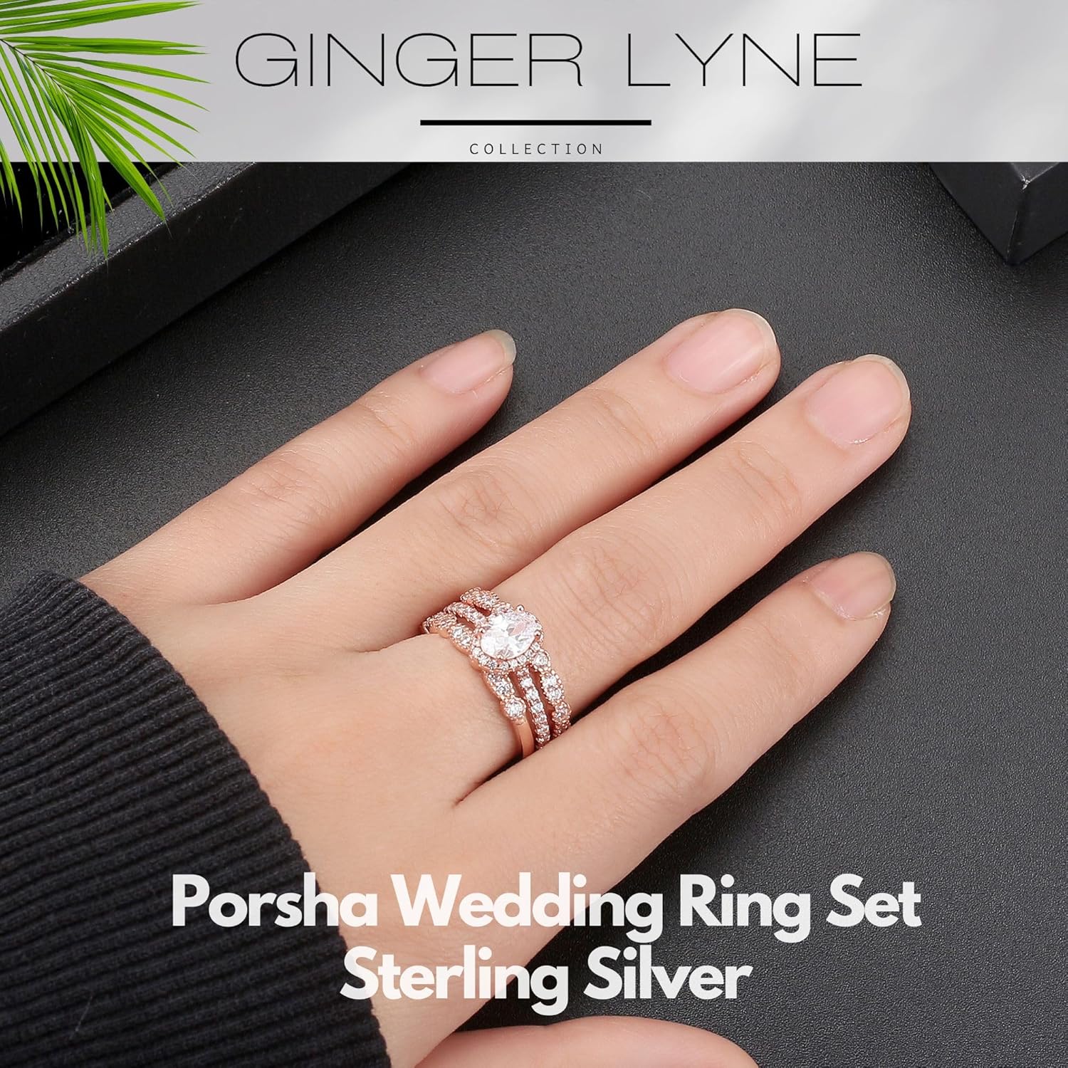 Halo Wedding Ring Set for Women by Ginger Lyne |3 Ring Bridal Set | Rose Gold Sterling Silver Engagement Rings Two Matching Anniversary Bands | Cubic Zirconia Promise or Wedding for Her