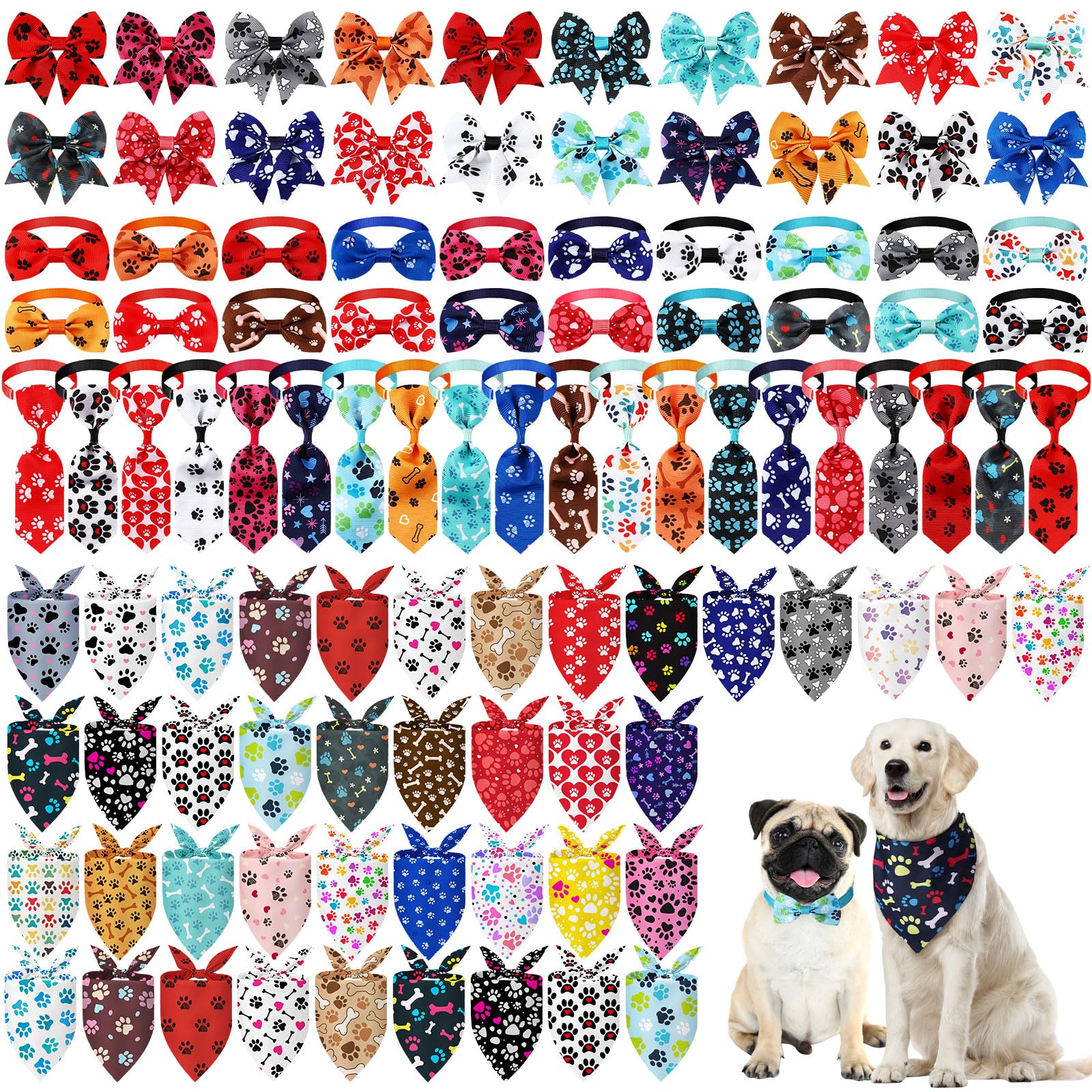 Reginary 120 Pcs Paw Print and Heart Dog Bandanas Bulk Dog Bows Set Bow Ties Cat Scarf Colorful Washable Triangle Pet Kerchief Cute Bib for Summer Small Medium Large Pets Grooming Accessories Costume