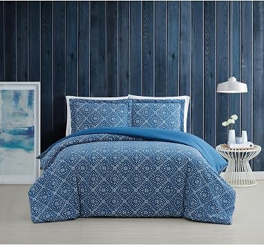 Brooklyn Loom Katrine Blue Cotton 3-Piece Full/Queen Duvet Set, Geometric Themed, for Men and Women, Oeko-TEX Certified Confidence