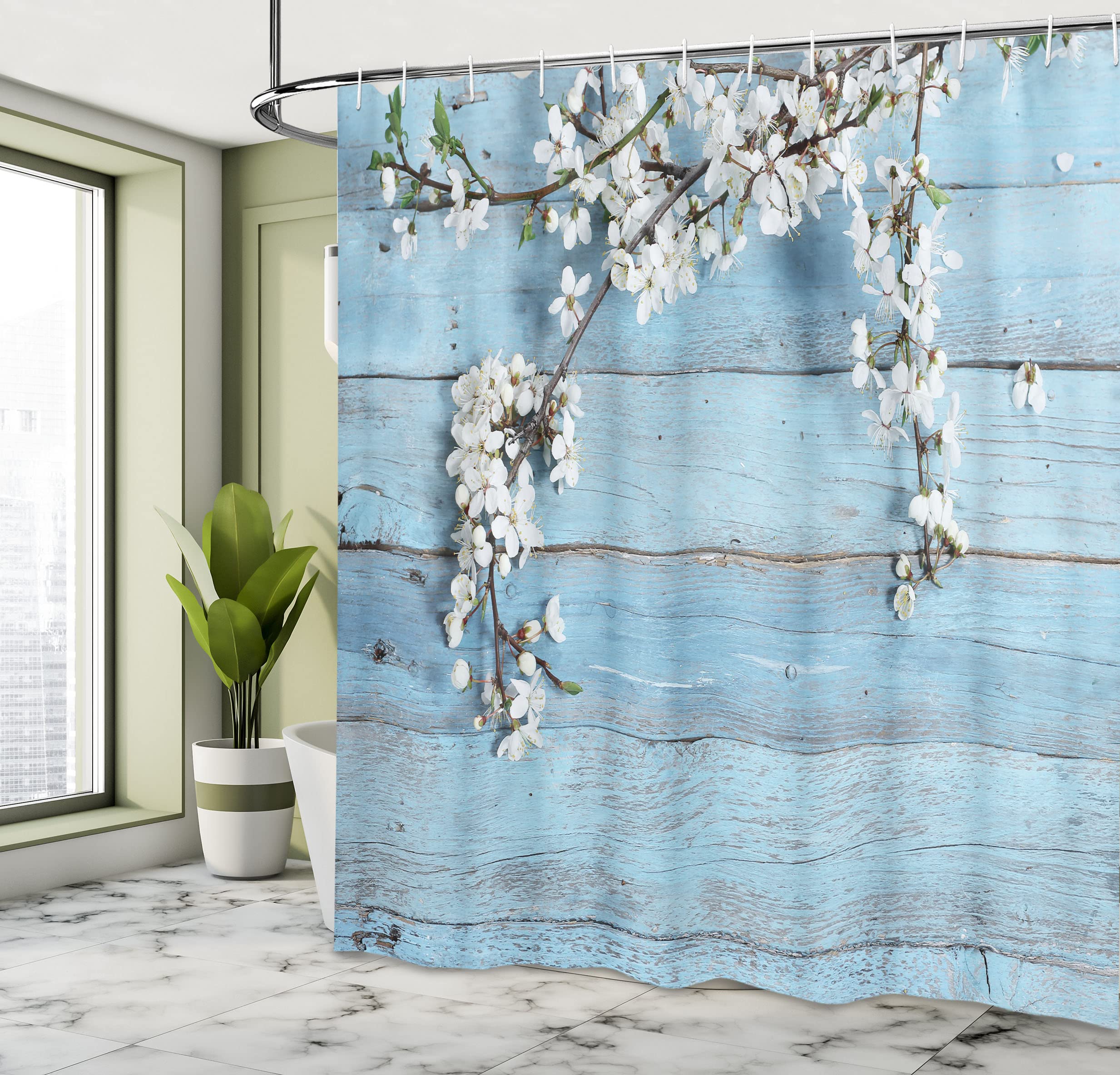 Duschvorhang Farmhouse-Design Mit Blumen – Wasserdichter Stoff, 183x183 Cm, In Blaugrün-grau