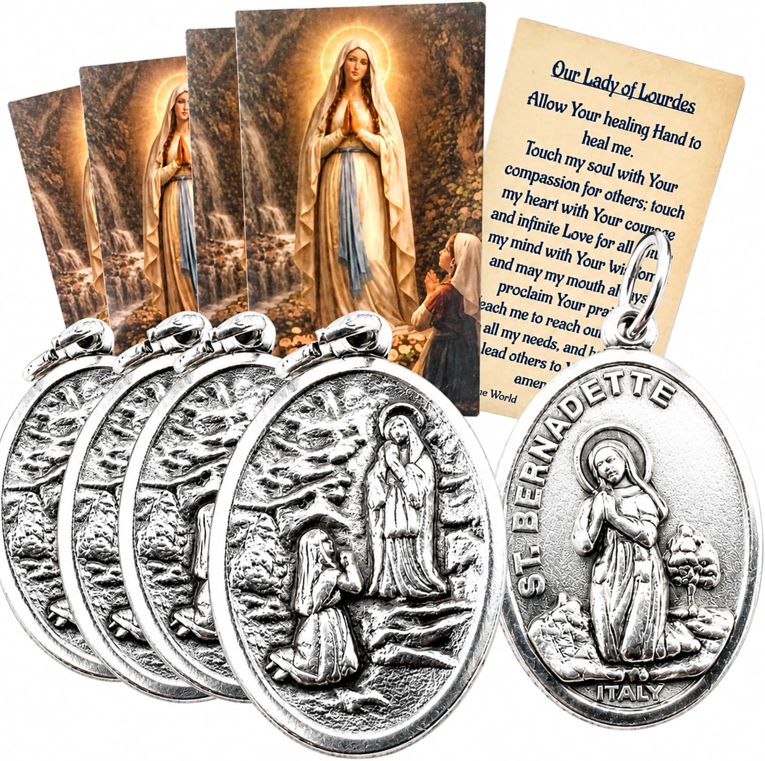 Westmon Works Our Lady of Lourdes Medal Oval Italian Medallions with St Bernadete Reverse Set Catholic Pendant Charms with USA Made Holy Prayer Cards, 5 of Each