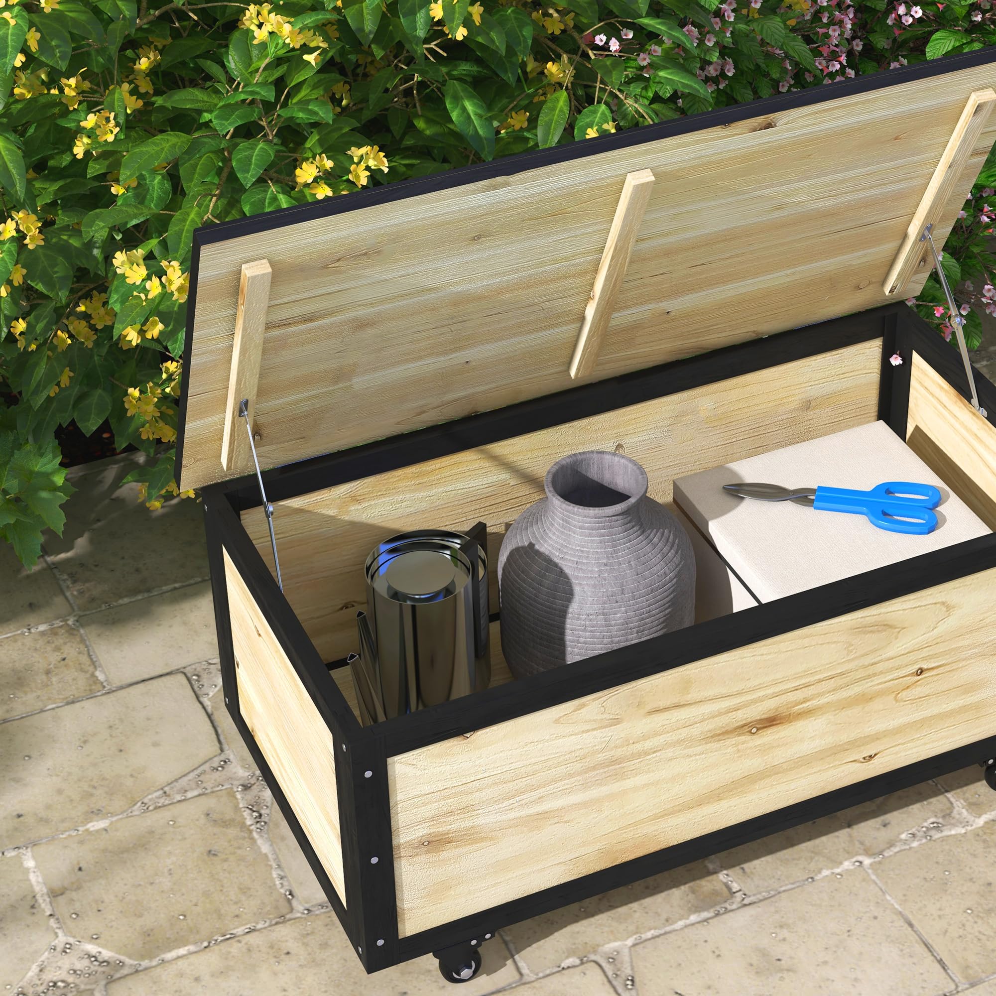 Outsunny Baúl de Exterior 121L Arcón Almacenaje de Madera con 4 Ruedas para Jardín Patio Balcón 100x50x43 cm Natural y Negro