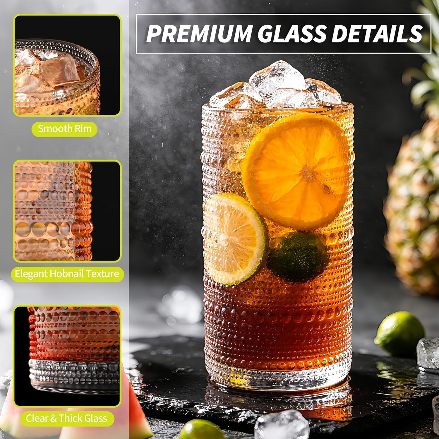 Large 16 oz/480 ml Hobnail Drinking Glasses Set of 6, Vintage Embossed Tumbler Clear Highball Glasses for Cocktail, Juice, Whiskey, Beer, Milk and Various Mixed Drinks