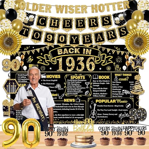 90th Birthday Decorations for Men Women, 36 Pcs Back in 1936 Birthday Party Deco