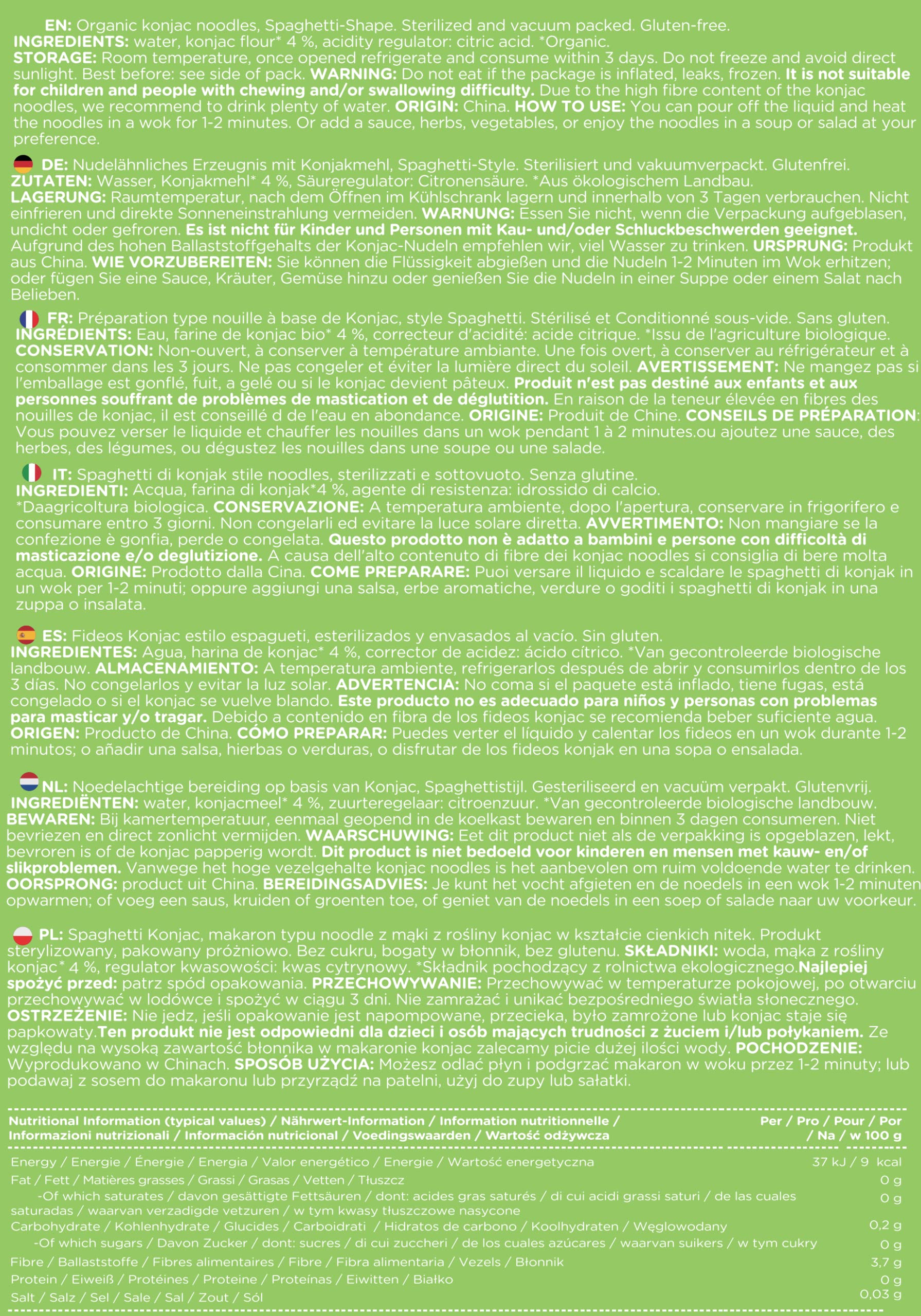 Elf-family Bio Pasta Konjac Keto Carbohidratos Ultrabajos/Vegano/Sin Gluten 270 g x 1 cajas(2 paquetes), Fideos Konjac Noodles Shirataki Noodles/Sin azúcar/Bajo en Calorías - Spaghetti
