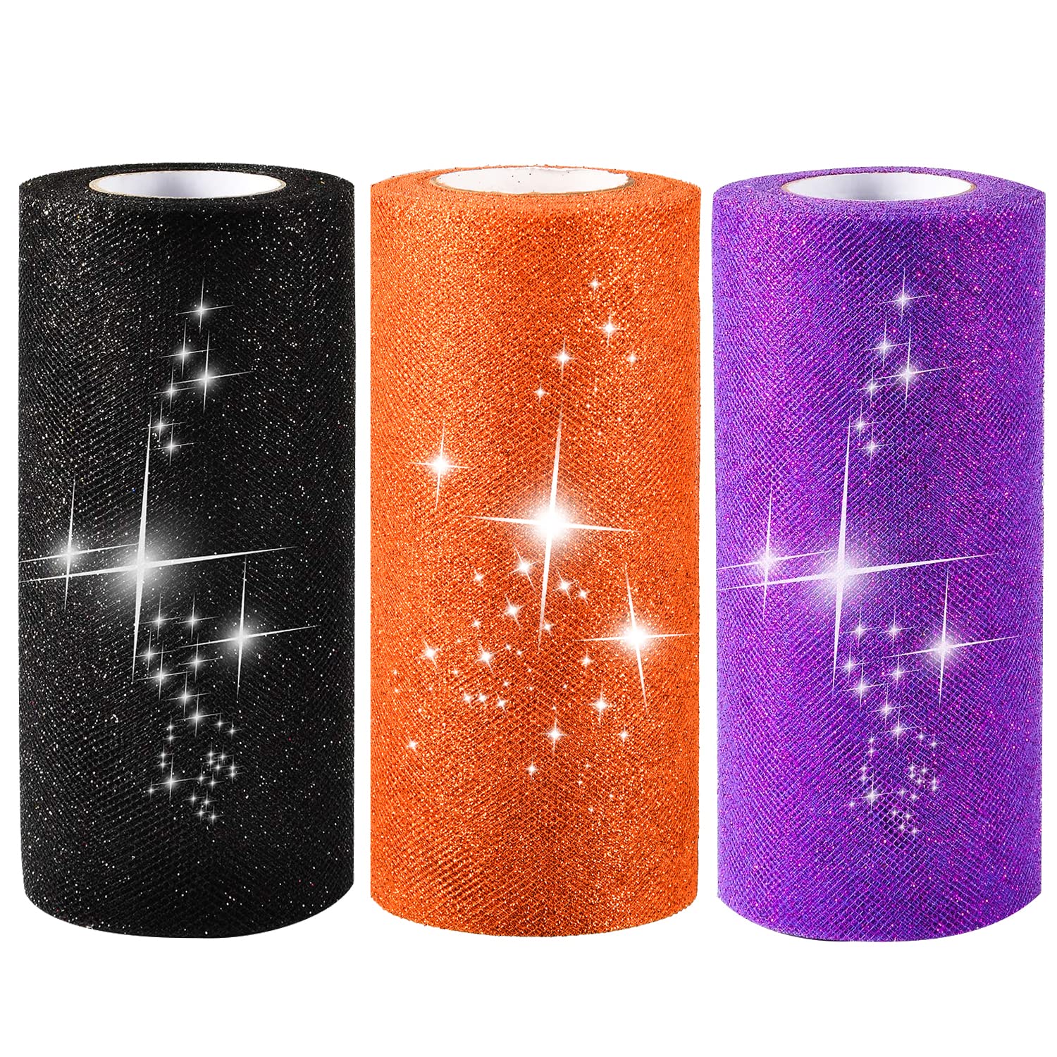 Lezevn Black, Purple, Orange 3 Rolls Halloween Glitter Sparking Tulle Roll Glitter Tulle Fabric Ribbon Black Orange Purple Glitter Tulle Ribbon Roll For Bow Making Tutu Skirt Floral Wreath Halloween Tree Decoration