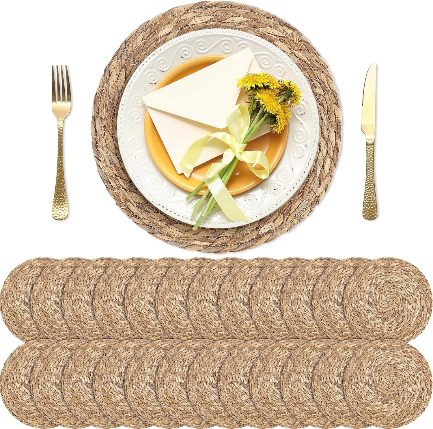 Set of 24 Round Woven Placemats 12 Inches Bulrush Placemats Natural Hand-Woven Boho Rattan Placemats Wicker Table Mats Farmhouse Weave Place Mats for Home Dining Table