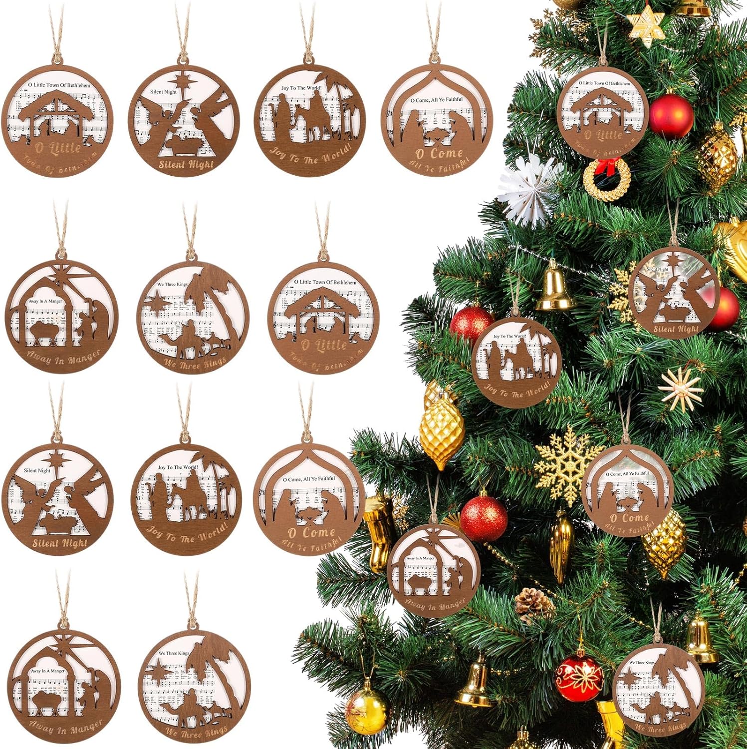 Remerry 12 Pcs Christmas Music Sheet Nativity Ornament Bulk Nativity Scene Ornament Wooden Hanging The Birth of Jesus Decoration Catholic Christian Religious Gift for Family Friend Pastor Xmas Tree