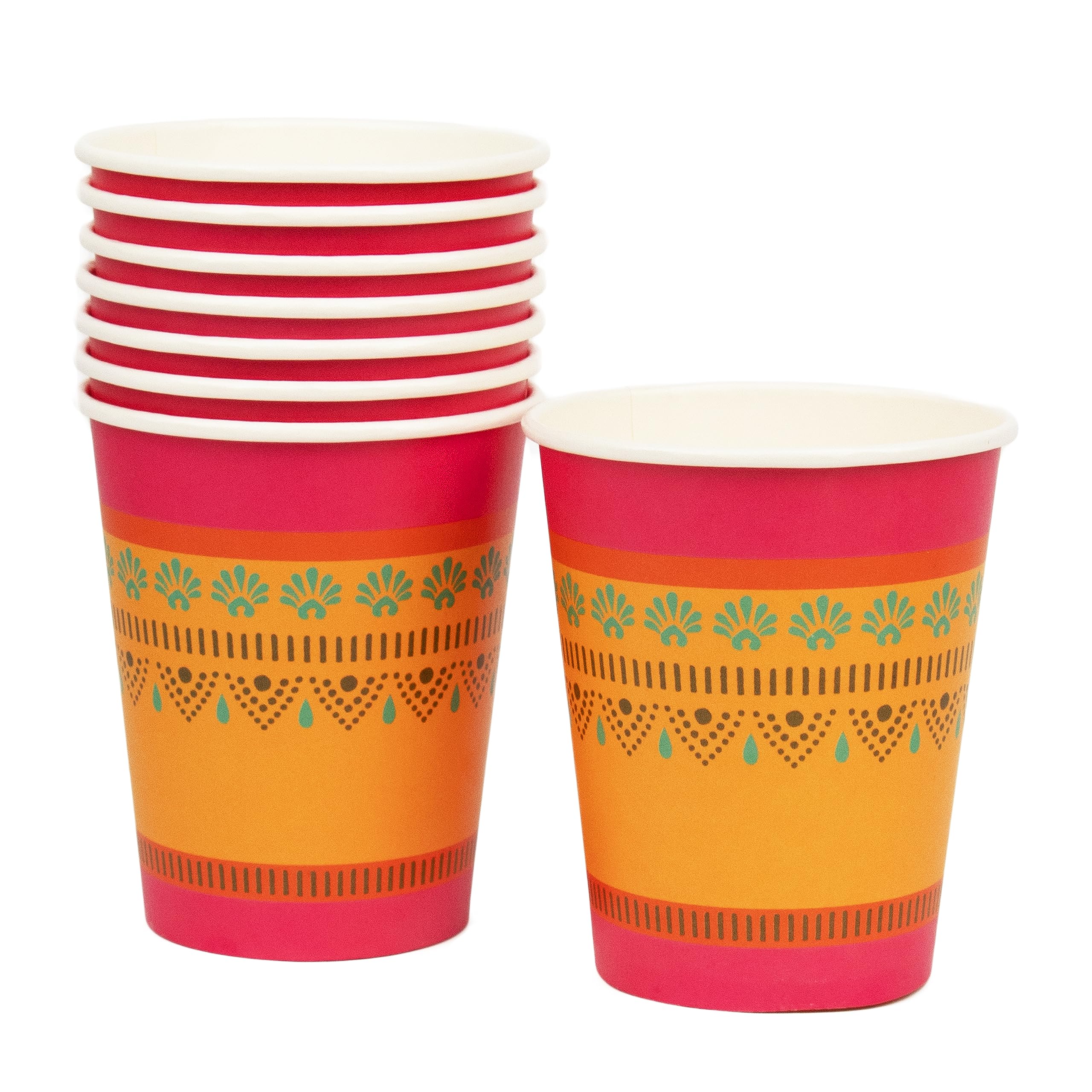 Talking Tables Diwali Paper Cups | Table Party Decorations | Recyclable Drinkware for Bollywood Theme | Eid Celebration Disposable Tableware Mandala/Henna/Rangoli Design Orange & Pink | Pack of 8