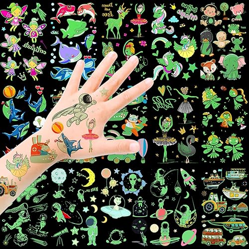 Miniatura 1 de HOWAF Tatuaje temporal para niños 14 hojas que brillan en la oscuridad tatuajes luminosos tatuajes tatuajes tatuajes falso impermeable para niños