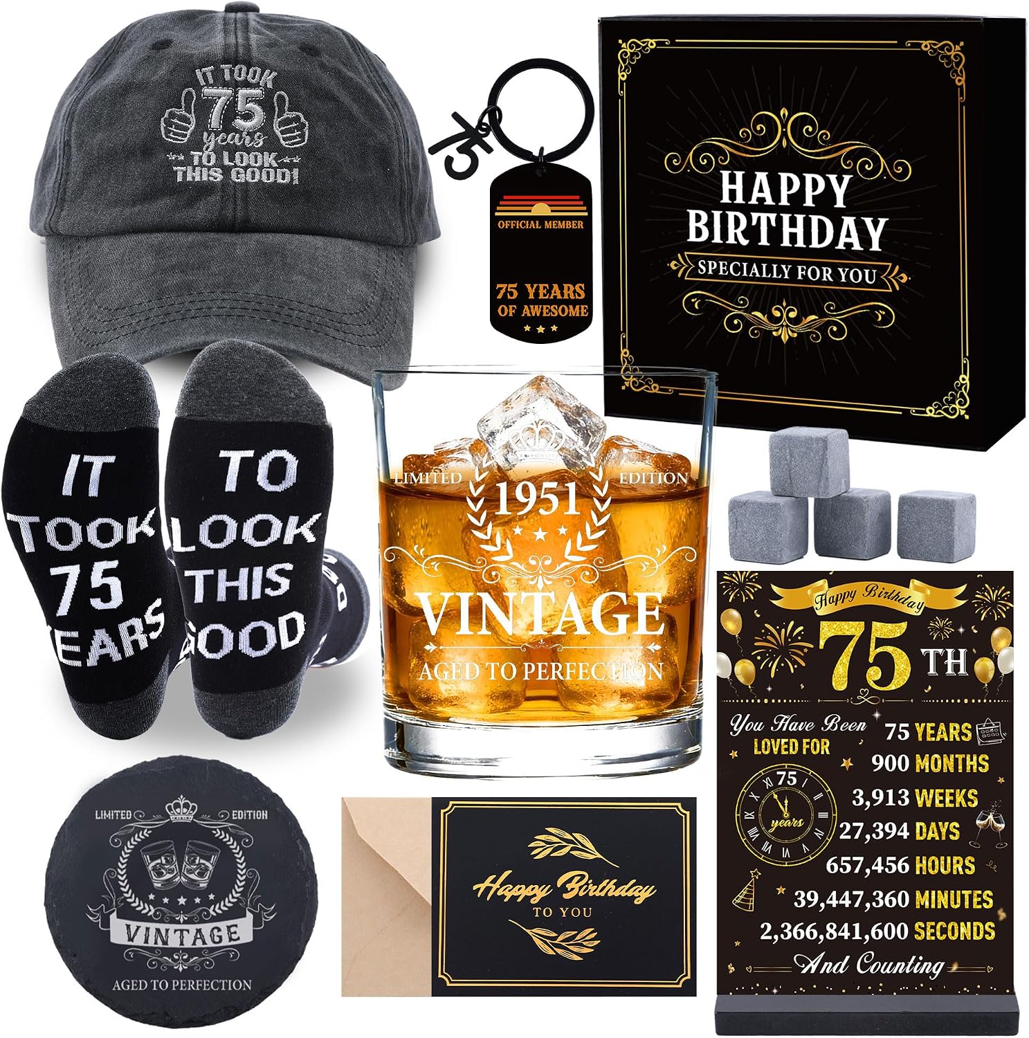 10 Pcs 75th Birthday Gifts Set for Him, Cool 75th Birthday Gifts for Men, Whisky Glass Cup Stockings Washed Hat Keychain Gifts Set for Dad Husband Grandpa Friends Birthday Party Supplies